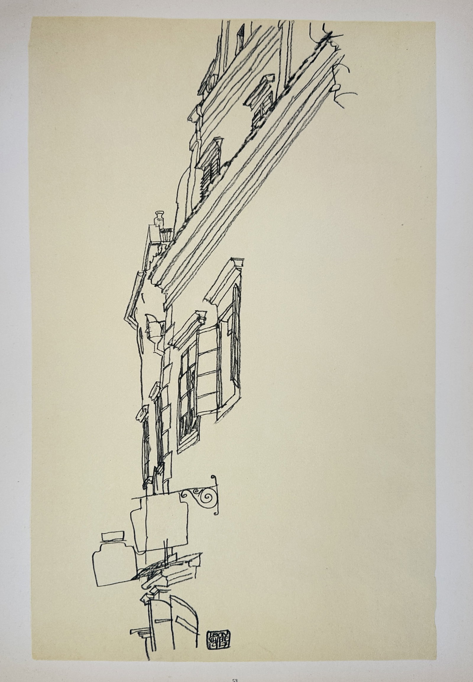 Egon Schiele,after – Old Houses in Krumau – Offset Lithograph (20th Century): "Old Houses in Krumau" depicts architectural facades with steep roofs, detailed window frames, and hanging signs executed in fine line drawings against a plain paper background. The artwork serves as 