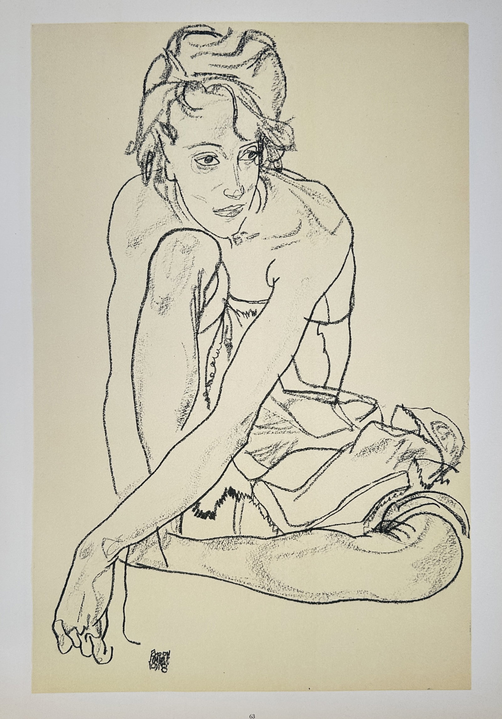 Egon Schiele,after – Seated Woman with Bent Knee – Offset Lithograph (20th Century): "Seated Woman with Bent Knee" depicts a seated female figure drawn with angular contours, expressive hand posture, and delicate linear shading against a plain background. The artwork serves as a figur