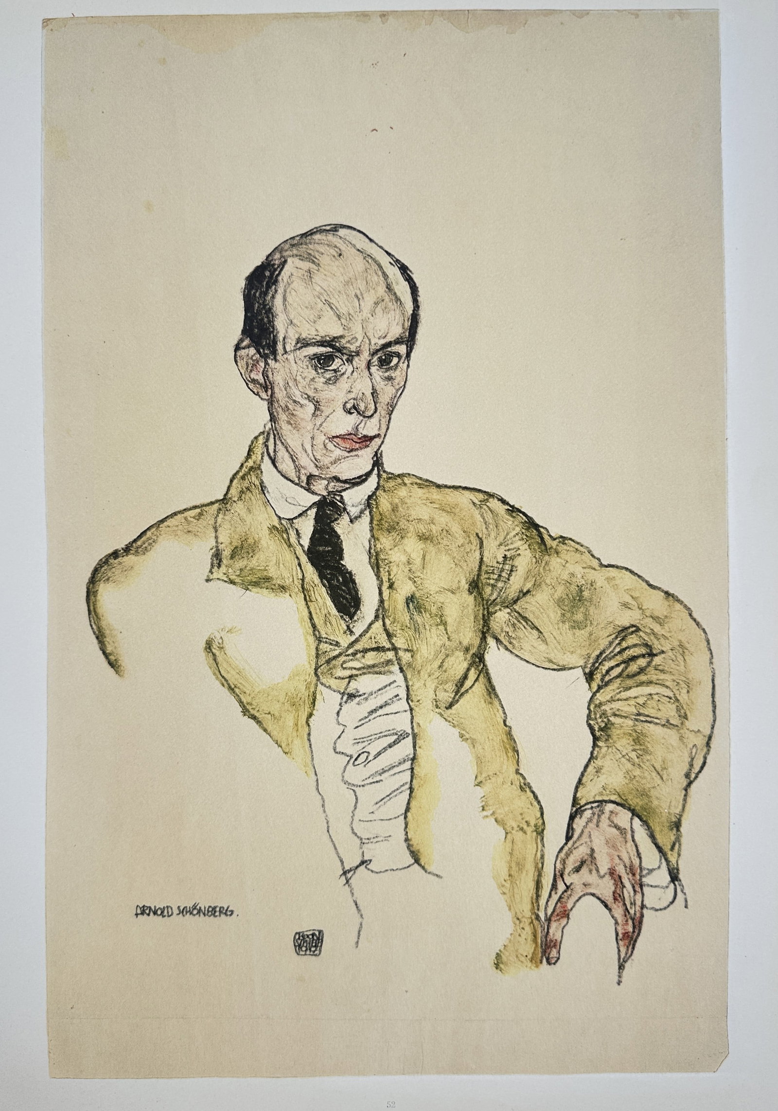 Egon Schiele,after – Portrait of Arnold Schoenberg – Offset Lithograph (20th Century): "Portrait of Arnold Schoenberg" depicts the Austrian composer Arnold Schoenberg rendered with expressive contour linework, muted yellow and green washes across his jacket, and delicate color accents o