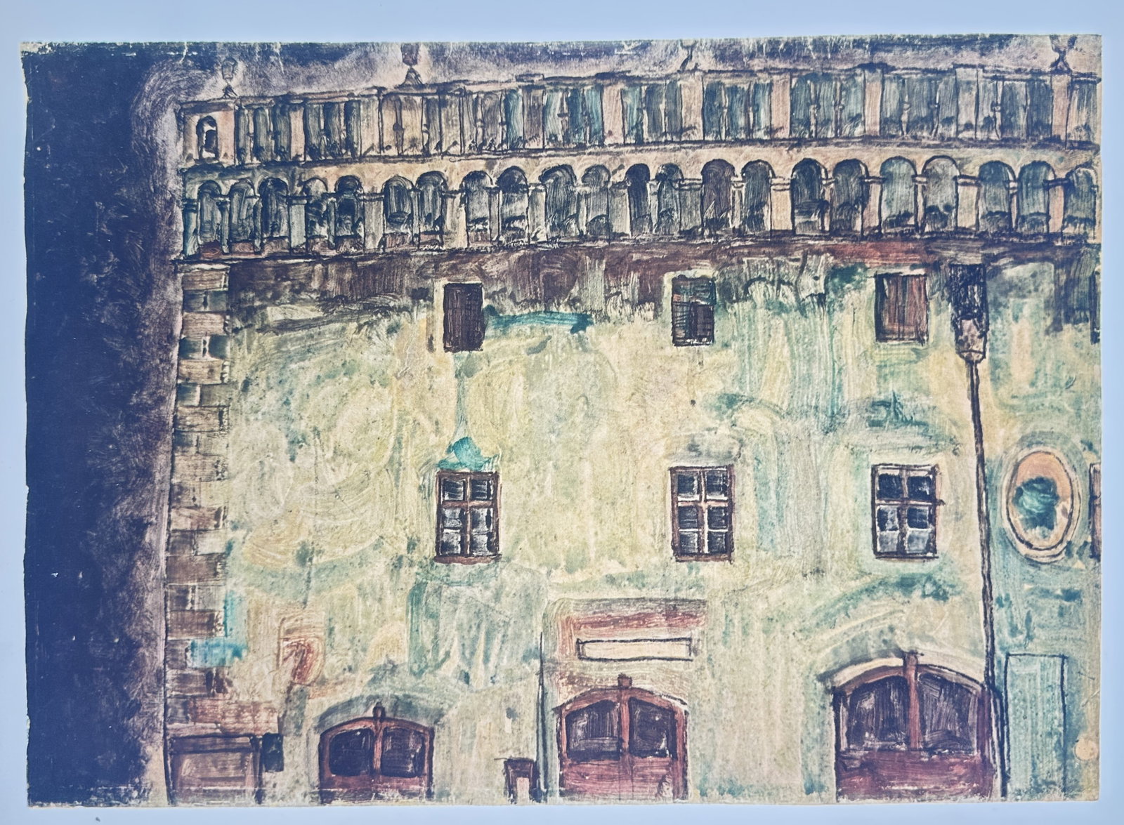 Egon Schiele,after – House Facade with Windows – Offset Lithograph (20th Century): "House Facade with Windows" depicts an architectural study of a building facade featuring rows of shuttered windows, arched entryways, decorative balustrades, and weathered wall textures. The artwork 