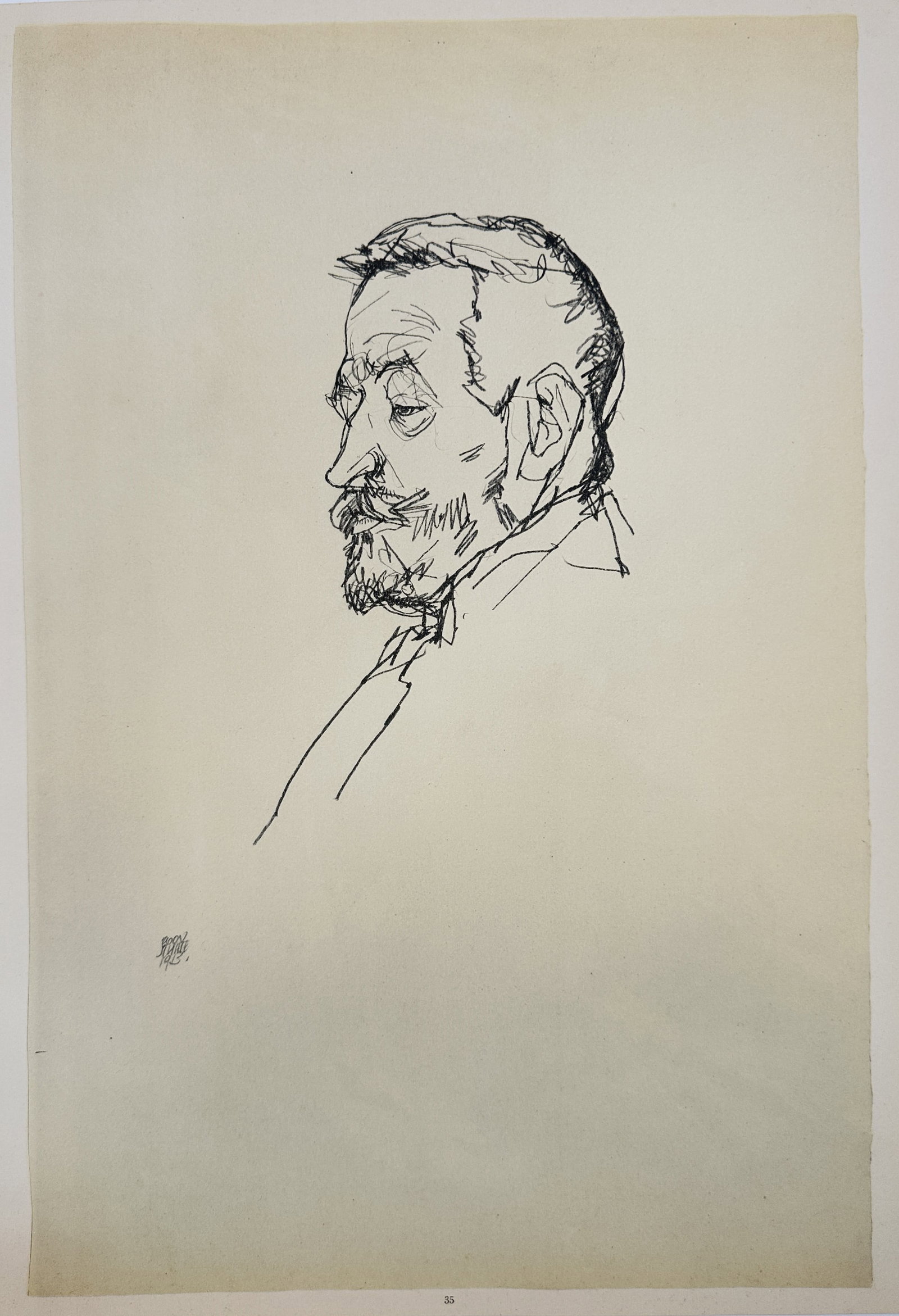 Egon Schiele,after – Portrait of Arthur Roessler – Offset Lithograph (20th Century): "Portrait of Arthur Roessler" depicts a profile portrait of the art critic Arthur Roessler rendered in fine, expressive ink linework against a plain background. The artwork serves as a modern portrait