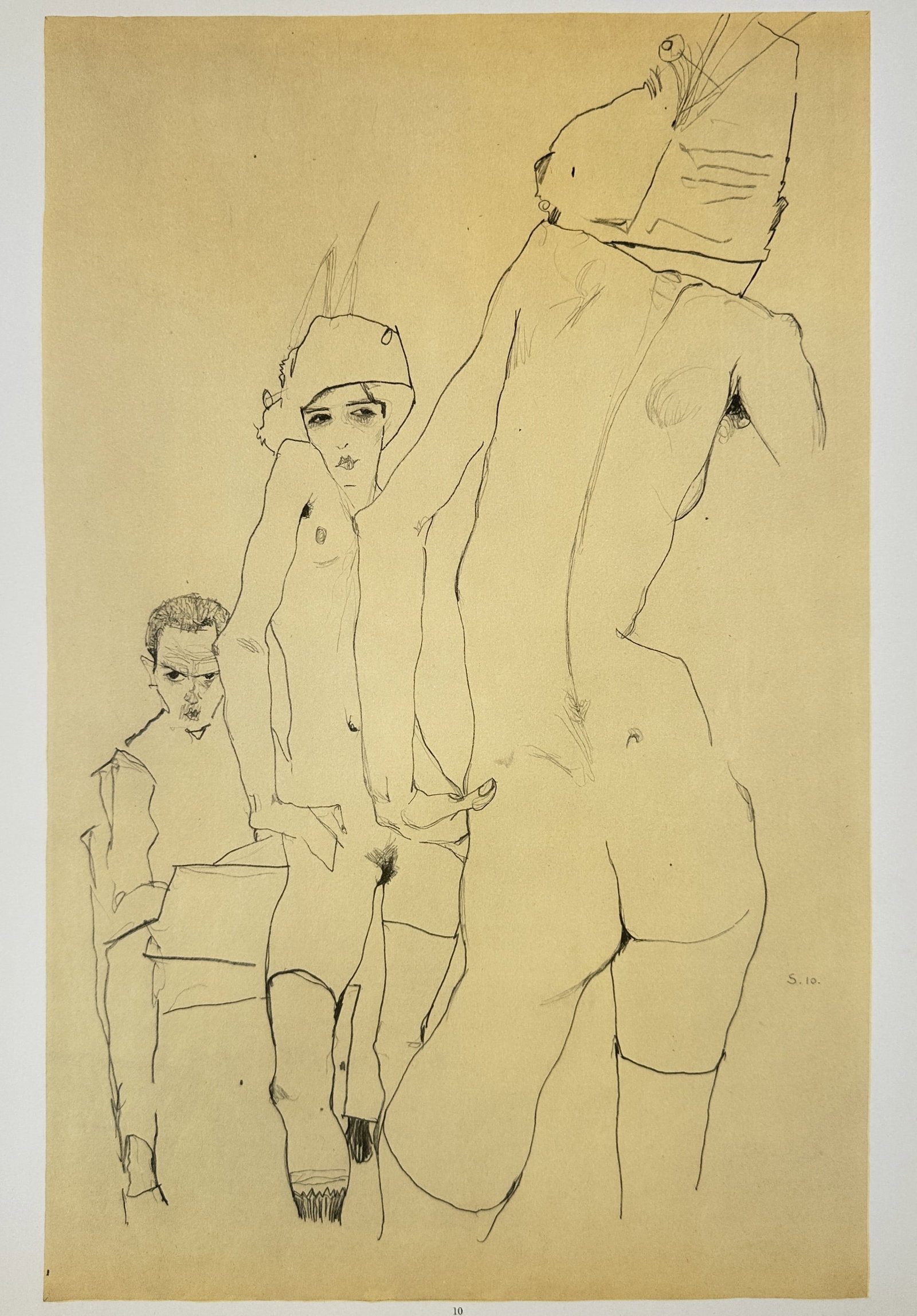 Egon Schiele,after – Artist and Nude Models – Offset Lithograph (20th Century): "Artist and Nude Models" depicts a figurative study featuring an artist seated at work alongside standing female nude figures rendered in expressive, angular graphite contours against a plain backgrou