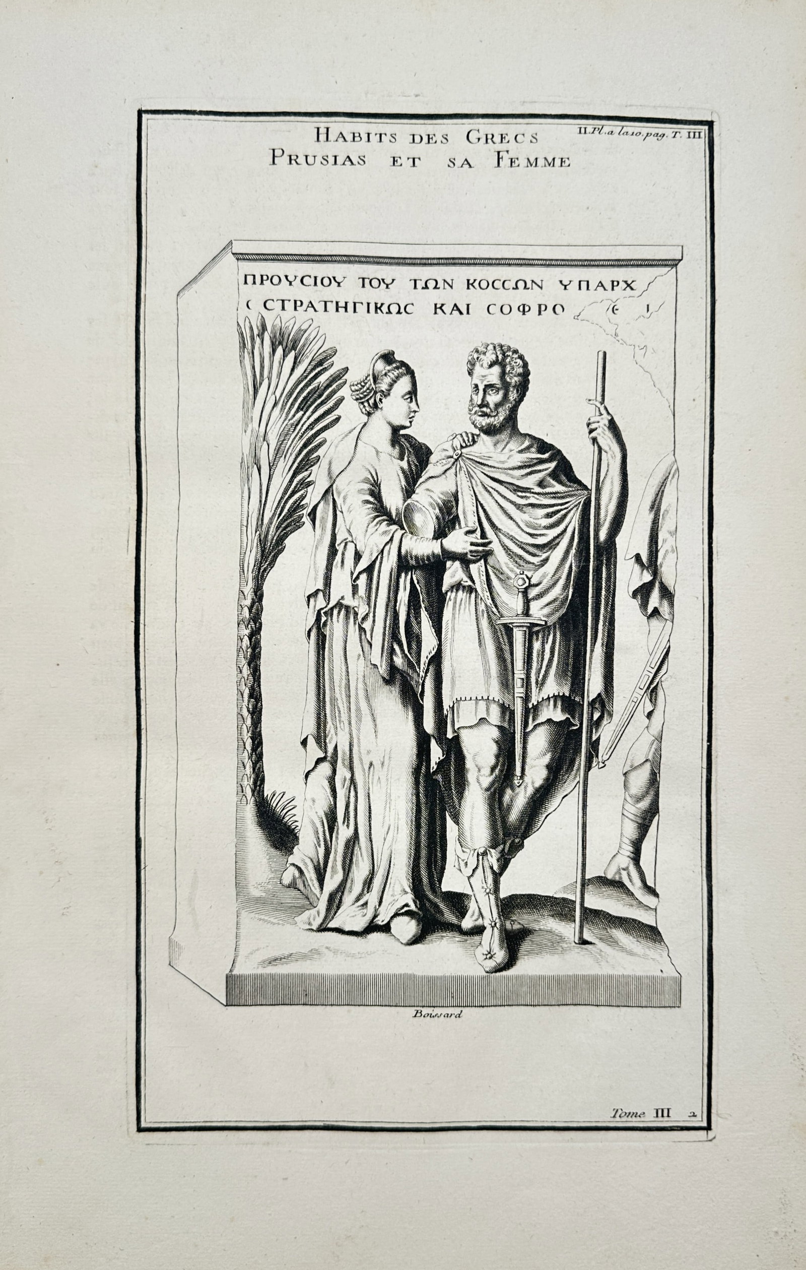 Bernard de Montfaucon – Study of a Greek Relief of Prusias and His Wife – Engraving (18th: "Greek Clothing: Prusias And His Wife" depicts an ancient stone relief portraying a classical Greek ruler holding a staff alongside his wife, illustrating historical garments and drapery. The artwork 