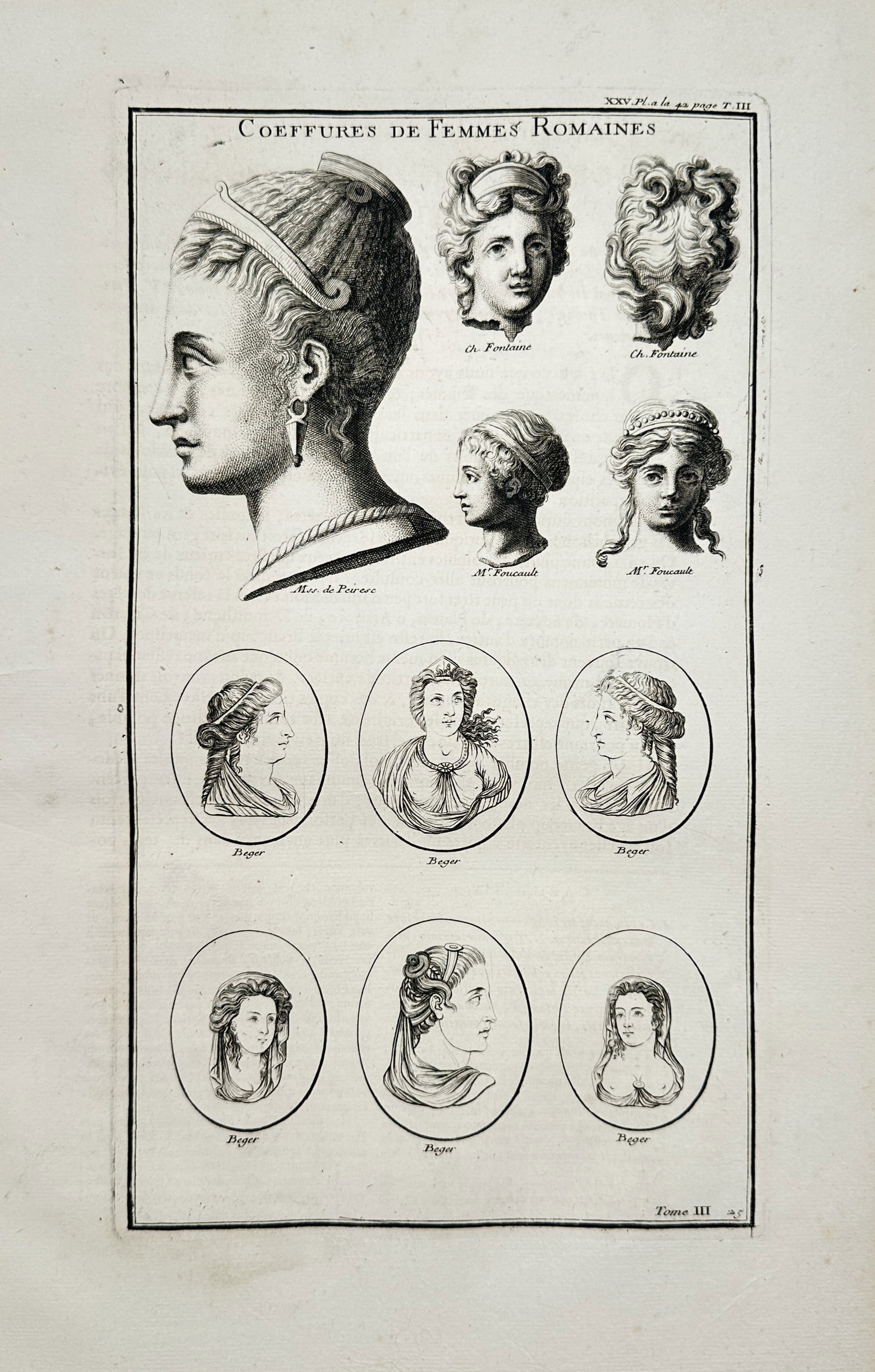Bernard de Montfaucon – Study of Ancient Roman Women's Hairstyles – Engraving (18th Century): "Hairstyles of Roman Women" depicts various intricate classical hairstyles, tiaras, and headdresses worn by Roman women shown in profile and frontal portrait busts against a plain background. The artw
