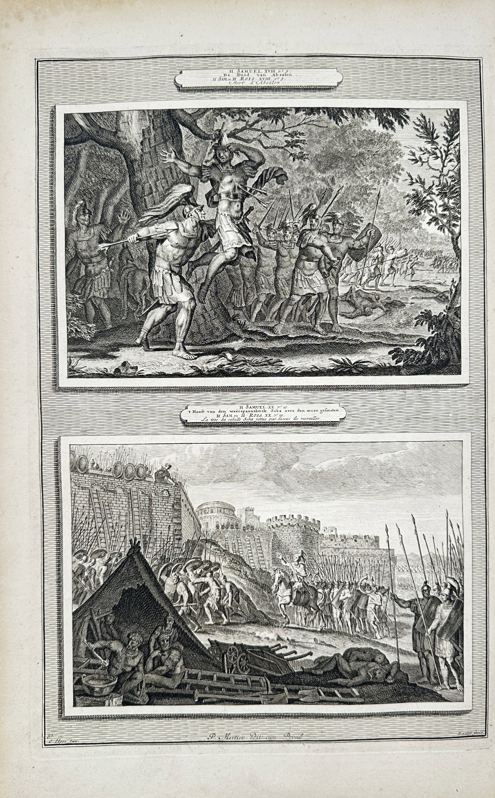 Pierre Mortier – Biblical Scenes of the Death of Absalom and the Siege of Abel – Engraving (1 of 2)