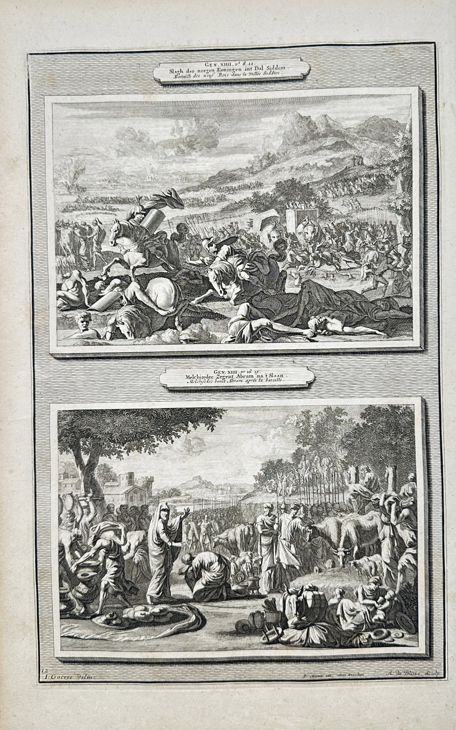 Pierre Mortier – Biblical Scenes of the Battle of the Vale of Siddim, Blessing Abram – Engraving: "Slaughter of the Nine Kings in the Vale of Siddim" depicts two Old Testament narratives portraying a chaotic battlefield scene filled with cavalry and fallen soldiers alongside Melchizedek offering b