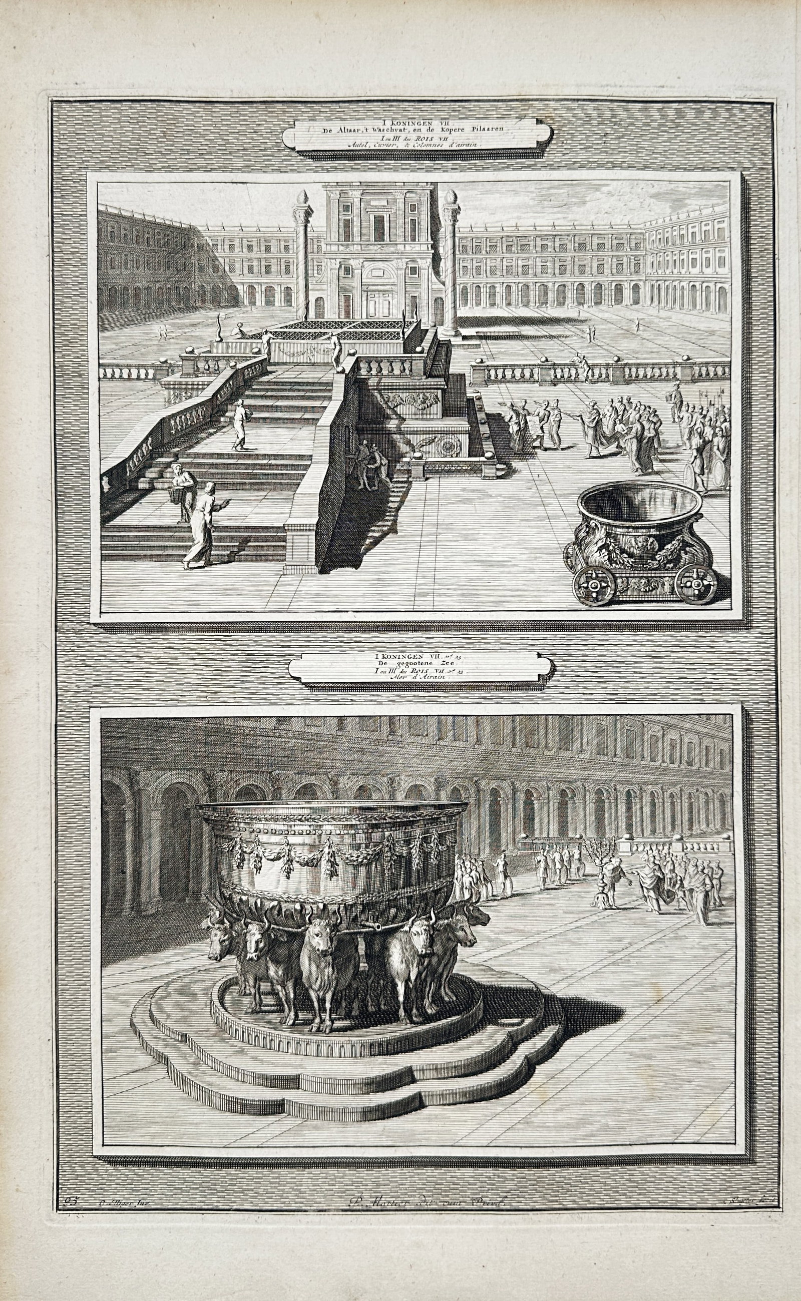 Pierre Mortier – Grand Temple Courtyard and the Molten Sea – Engraving (18th Century): The View of the Temple Court and the Cast Bronze Vessel illustrates biblical architecture and religious ceremonies from ancient Jerusalem. This detailed structural composition highlights monumental pl