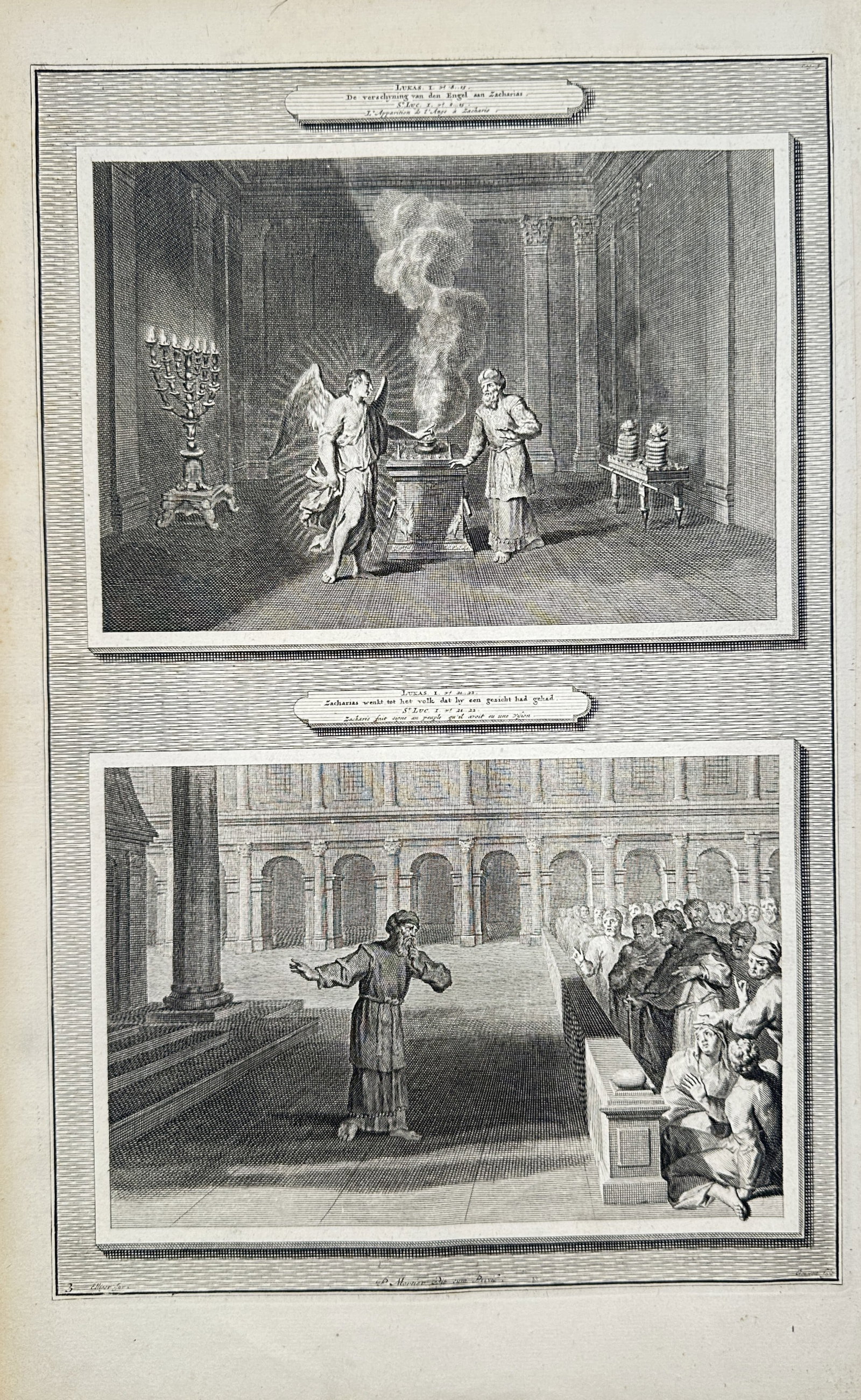 Pierre Mortier – Biblical Apparition and Temple Preaching – Engraving (18th Century): The Vision at the Altar of Incense and the Public Sermon depicts key New Testament narrative events surrounding the birth of John the Baptist. These illustrative theological scenes represent the angel