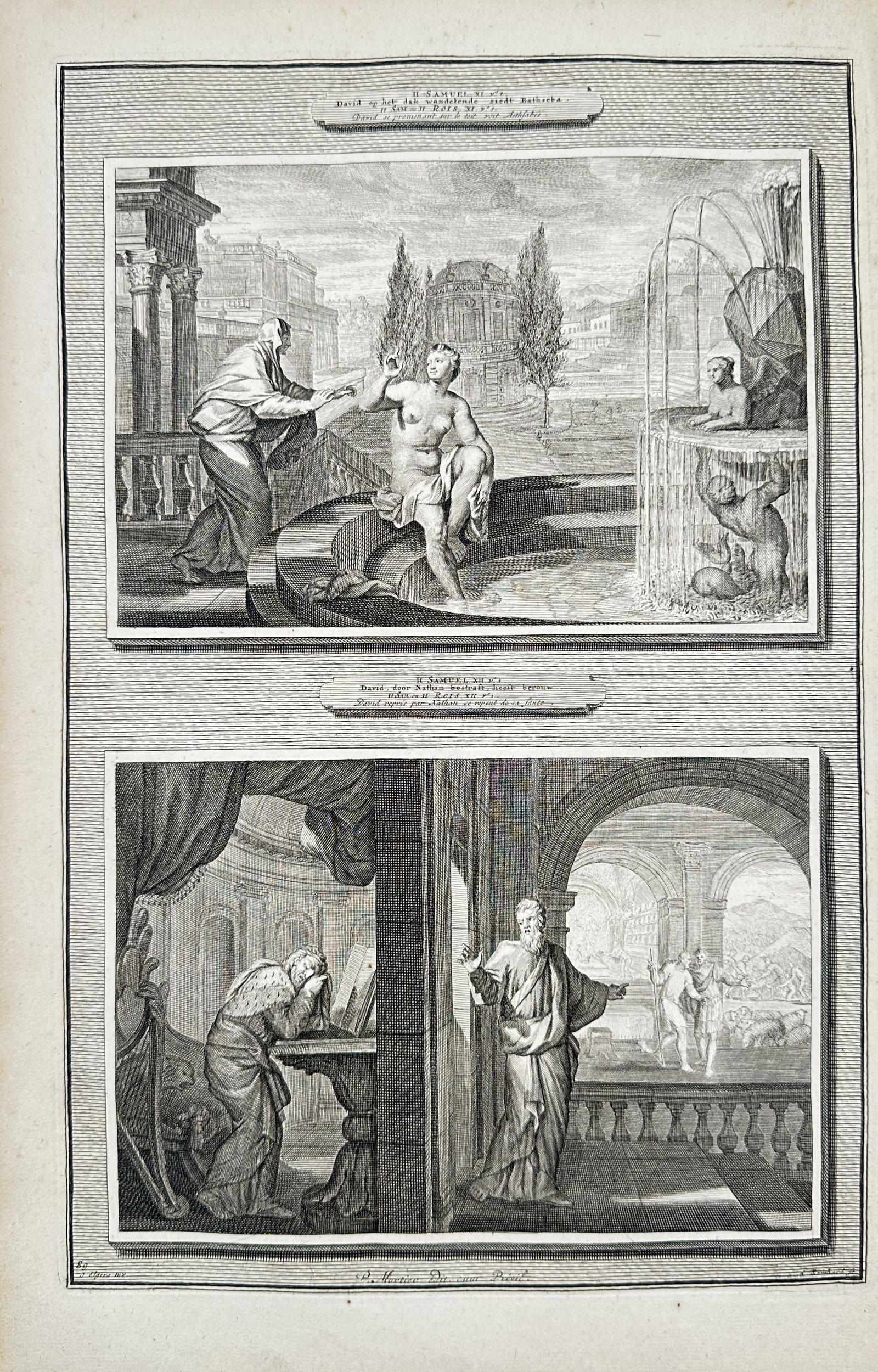Pierre Mortier – David and Bathsheba with Nathan Rebuking David – Engraving (18th Century): The Bath of Bathsheba and the Confrontation by Nathan presents crucial historical moments from the Old Testament narratives of the Second Book of Samuel. This narrative work captures the discovery of 