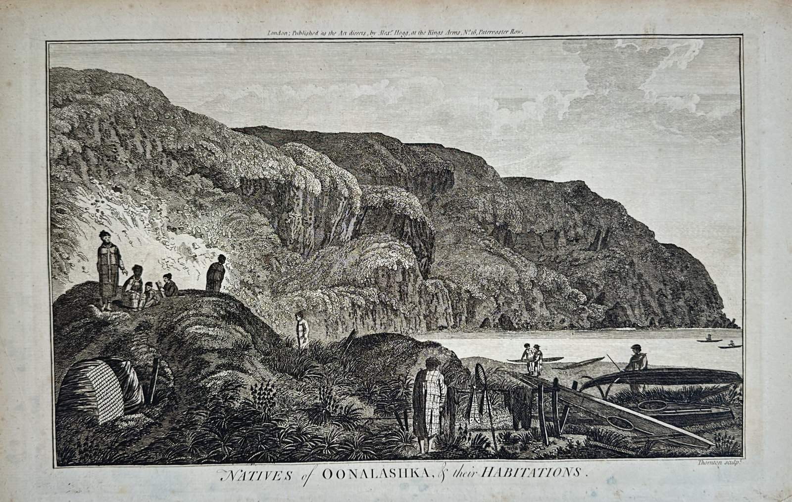 Alexander Hogg – Natives of Oonalashka, and Their Habitations – Engraving (18th Century): "Natives of Oonalashka, and Their Habitations" This print depicts Indigenous residents along the rocky coast of Unalaska alongside traditional dwellings and coastal watercraft. Published in London by 