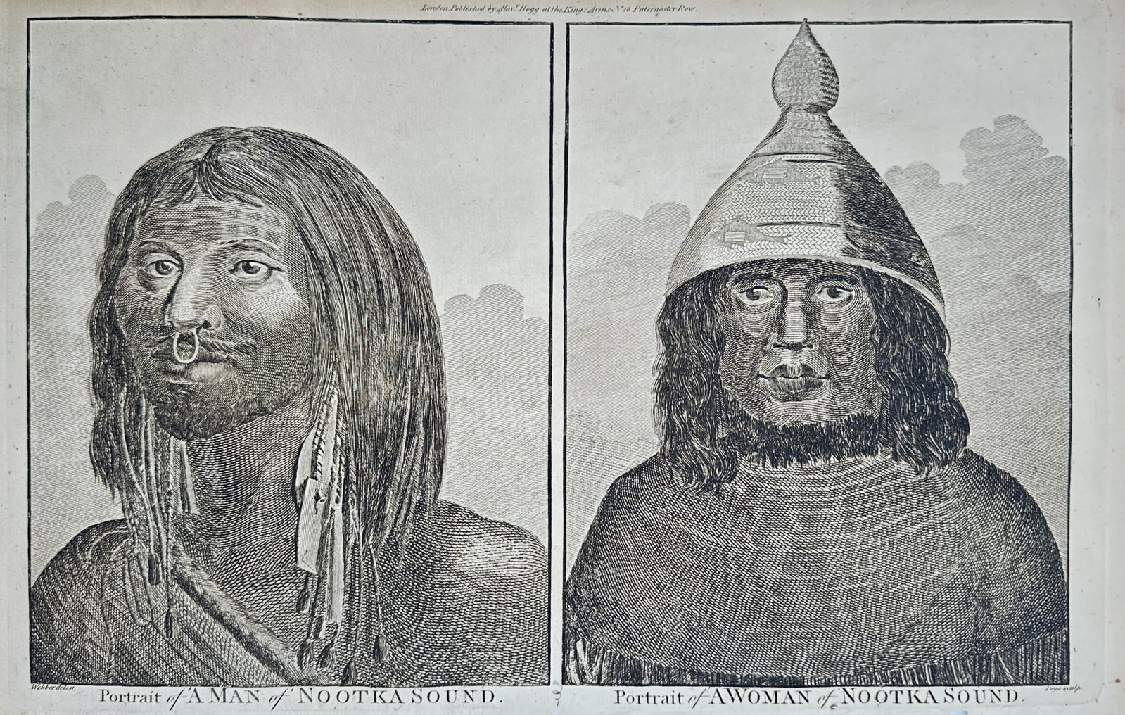 Alexander Hogg – Portraits of a Man and a Woman of Nootka Sound – Engraving (18th Century): "Portraits of a Man and a Woman of Nootka Sound" This print features dual portraits illustrating the traditional facial adornments, woven headwear, and distinctive attire of the Indigenous people of t