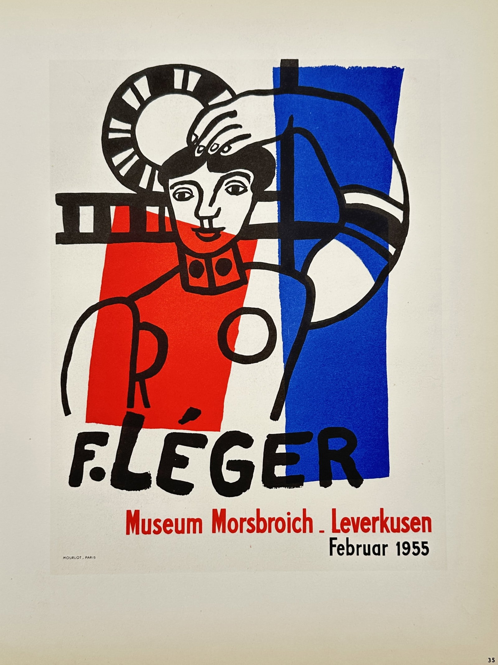 Fernand Léger,after – Exhibition Poster for Museum Morsbroich Leverkusen – Offset Print: "Exhibition Poster for Museum Morsbroich Leverkusen" This print displays a bold graphic composition featuring a stylized figure rendered with strong black outlines and vibrant fields of primary color,