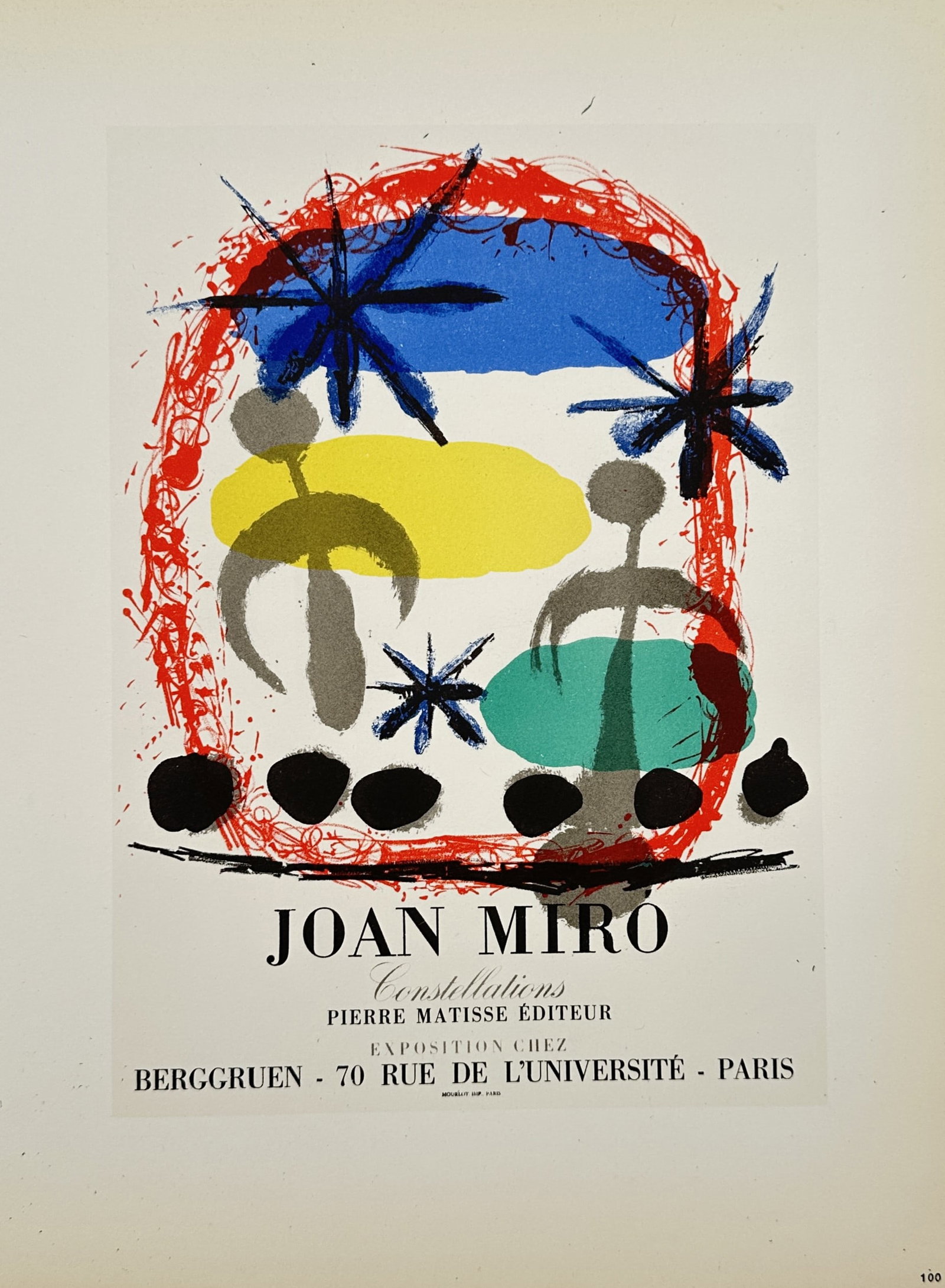 Joan Miró,after – Exhibition Poster for Constellations at Berggruen Paris – Offset Print (20th: "Exhibition Poster for Constellations at Berggruen Paris" This print displays an abstract biomorphic composition featuring vibrant primary shapes, star motifs, and dynamic calligraphic marks created f