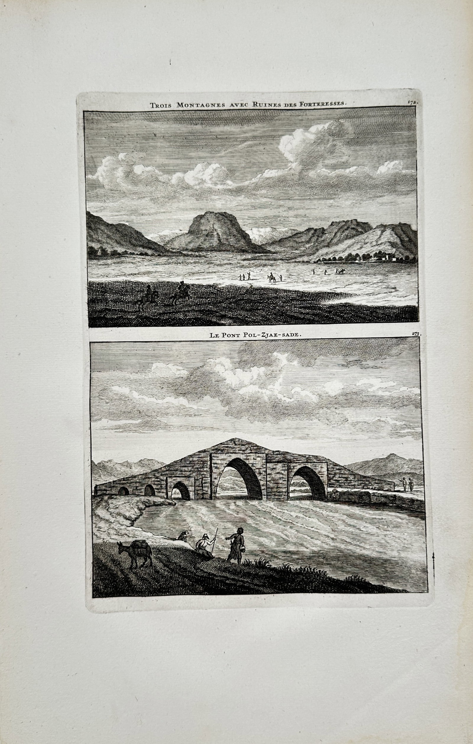 Cornelis de Bruyn – Mountain Ruins and Stone Bridge – Engraving (17th Century): "Trois Montagnes avec Ruines des Forteresses / Le Pont Pol-Ziak-Sade" This print presents a two-panel composition illustrating mountainous landscapes with fortress ruins alongside an ancient stone arc