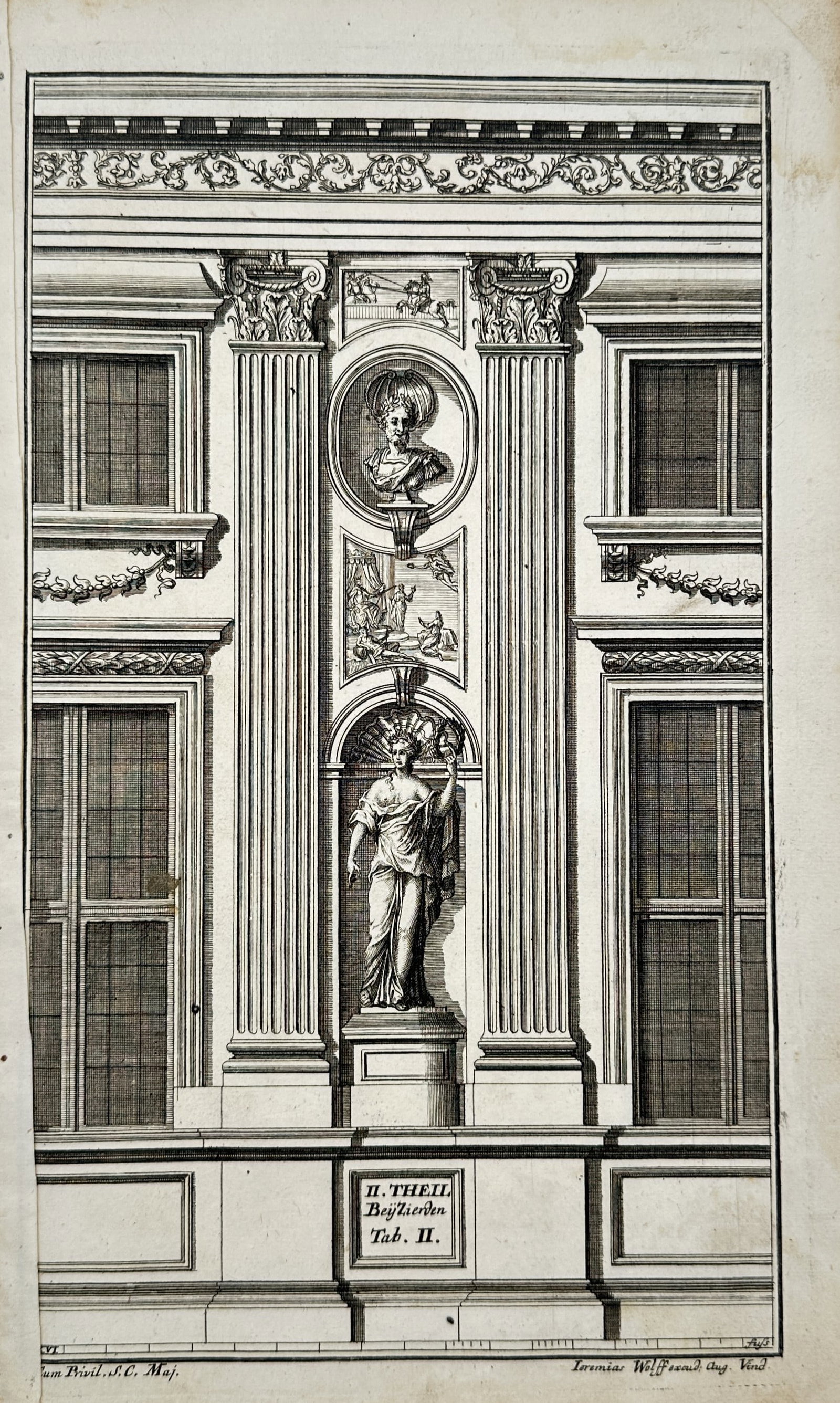 Nikolaus Goldmann – Architectural Wall Elevation with Sculptural Niche – Engraving (18th: "Architectural Wall Elevation with Sculptural Niche" This architectural engraving presents a detailed facade section featuring fluted Corinthian pilasters flanking framed windows, a sculpted figure wi