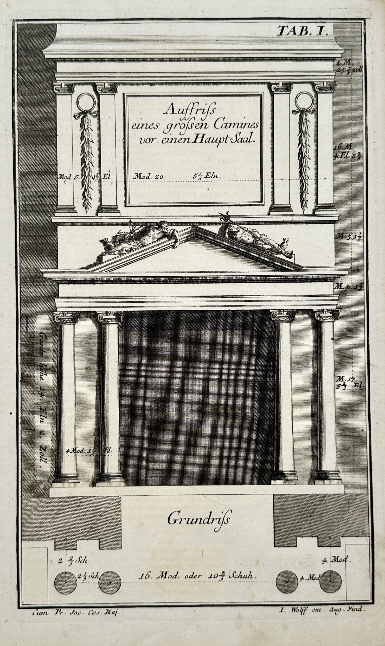 Nikolaus Goldmann – Architectural Elevation and Floor Plan of a Grand Fireplace – Engraving (1 of 2)