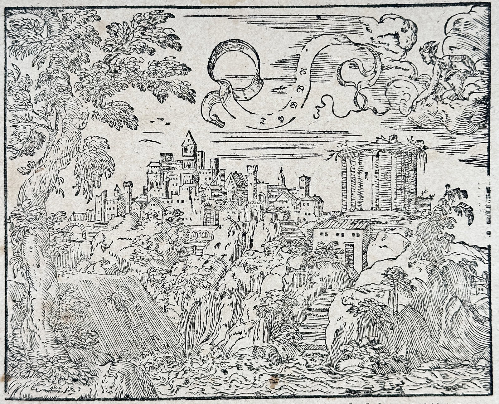 Sebastian Münster – View of Tivoli and the Temple of Vesta – Woodcut (16th Century) (1 of 3)