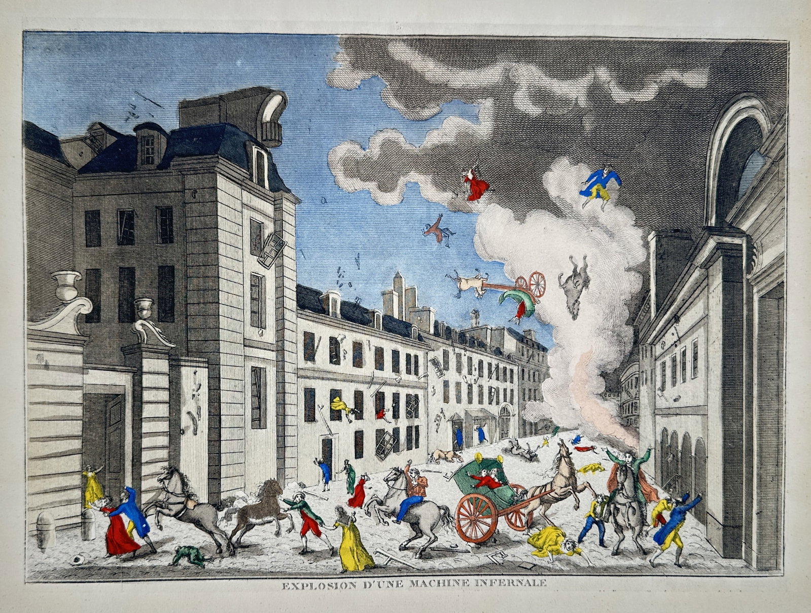 Paul-André Basset – Explosion of an Infernal Machine – Engraving (19th Century): "Explosion of an Infernal Machine" This historical print depicts the chaotic aftermath of a bomb explosion in a Parisian street with fleeing figures, startled horses, and billowing smoke during the as