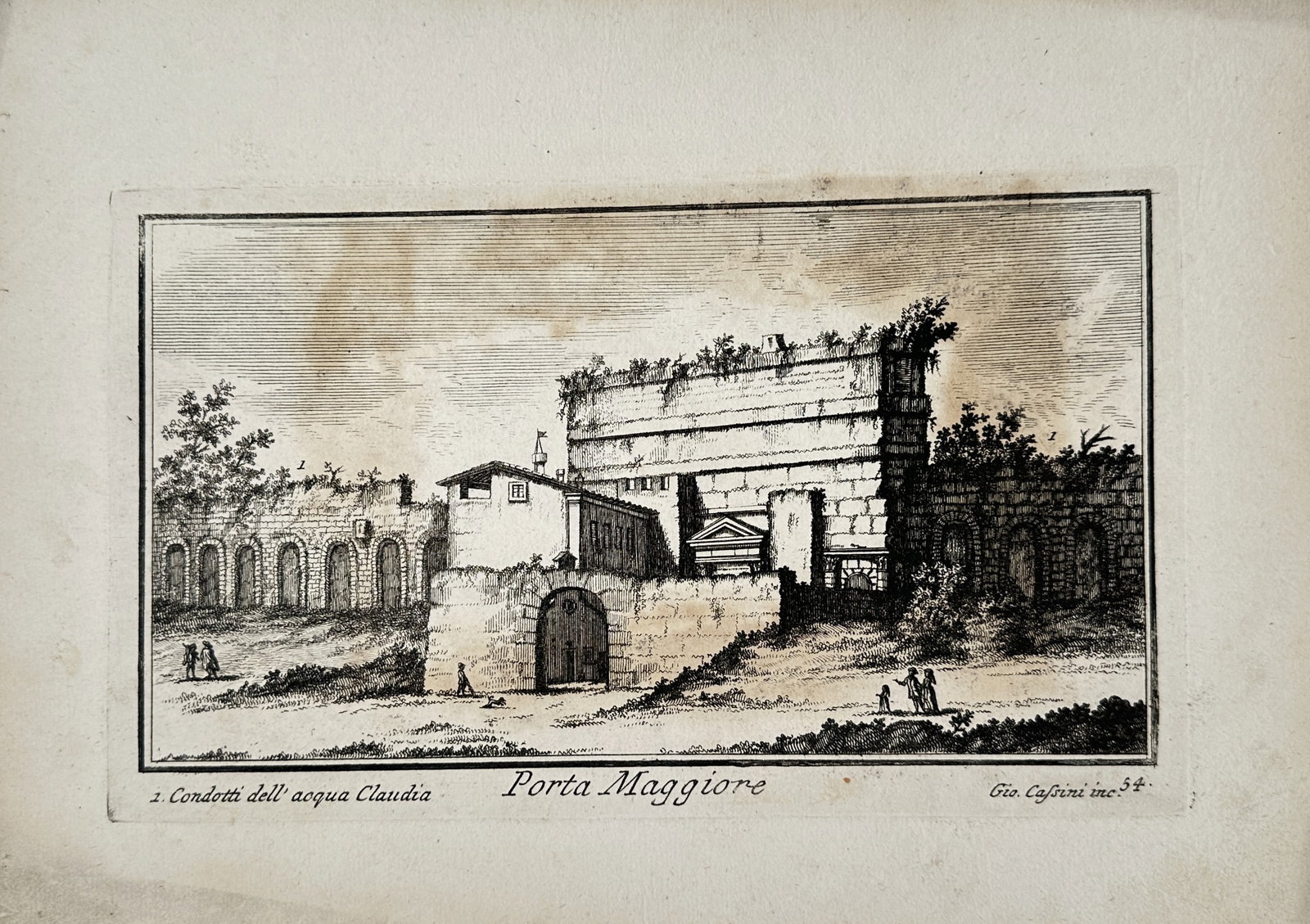 Pietro Parboni – View of Porta Maggiore and the Aqua Claudia – Engraving (19th Century): "Porta Maggiore" This topographic print depicts a scenic view of the ancient Roman city gate Porta Maggiore alongside the surviving arches of the Aqua Claudia aqueduct with figures strolling in the fo