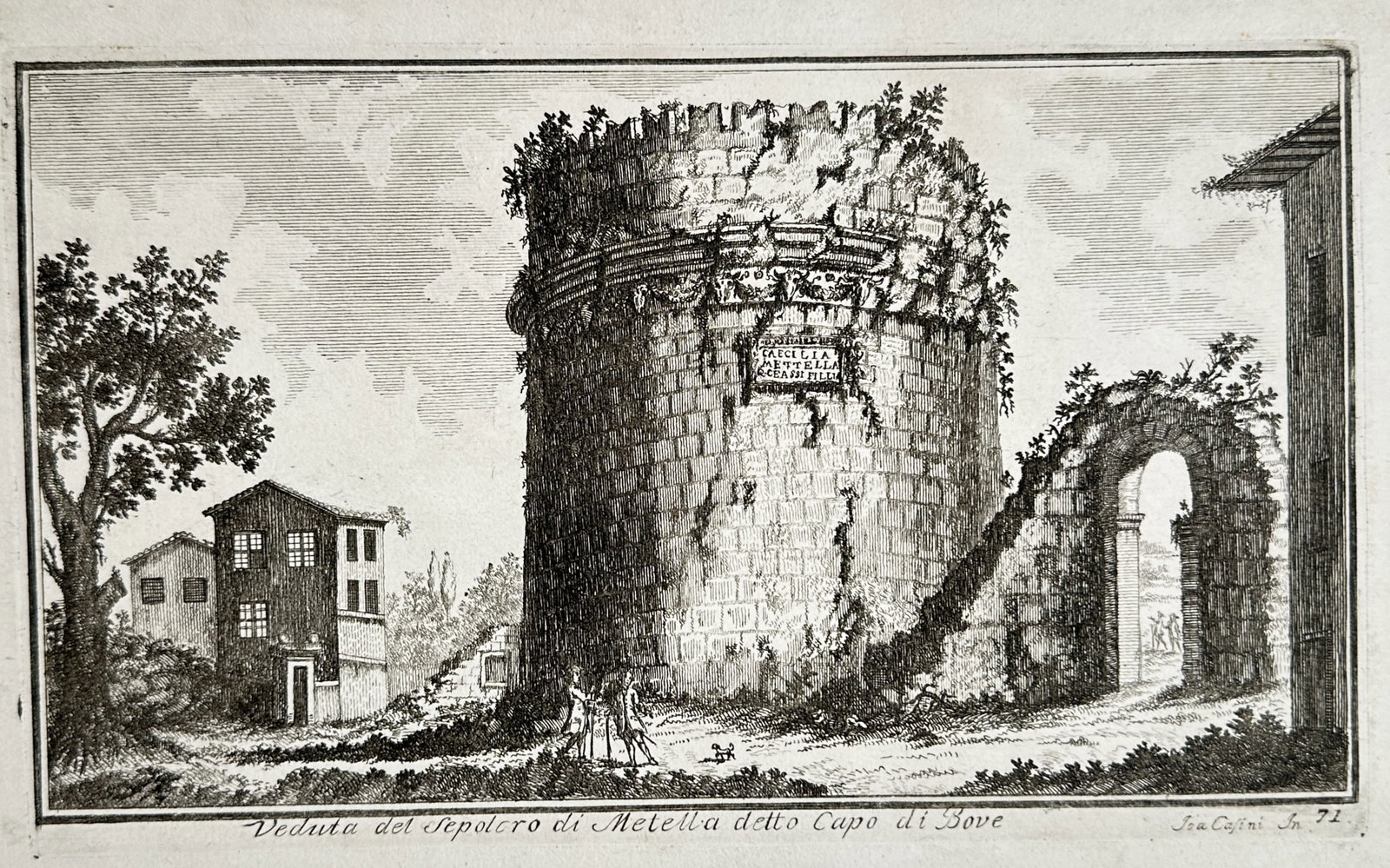 Pietro Parboni – View of the Tomb of Caecilia Metella – Engraving (19th Century): "Veduta del Sepolcro di Metella detto Capo di Bove" This topographic print presents a scenic view of the monumental ancient Roman Tomb of Caecilia Metella along the Appian Way, showing its cylindrical