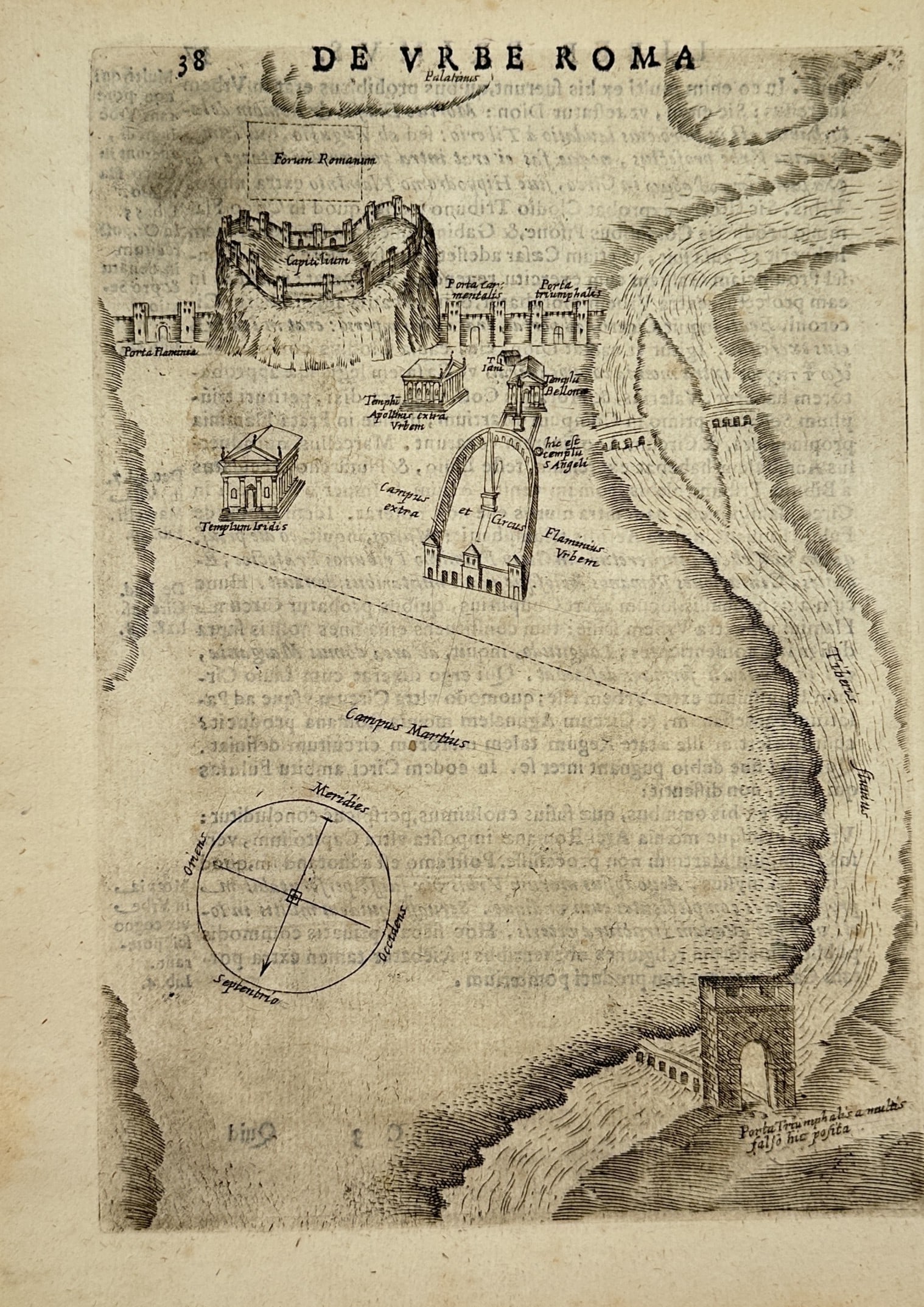 Alessandro Donati – Map of Ancient Rome along the Tiber River – Italy – Engraving (17th: "De Urbe Roma" This cartographic print presents a topographical view and architectural plan of ancient Rome depicting fortified hills, classical monuments, and the winding course of the Tiber River. P