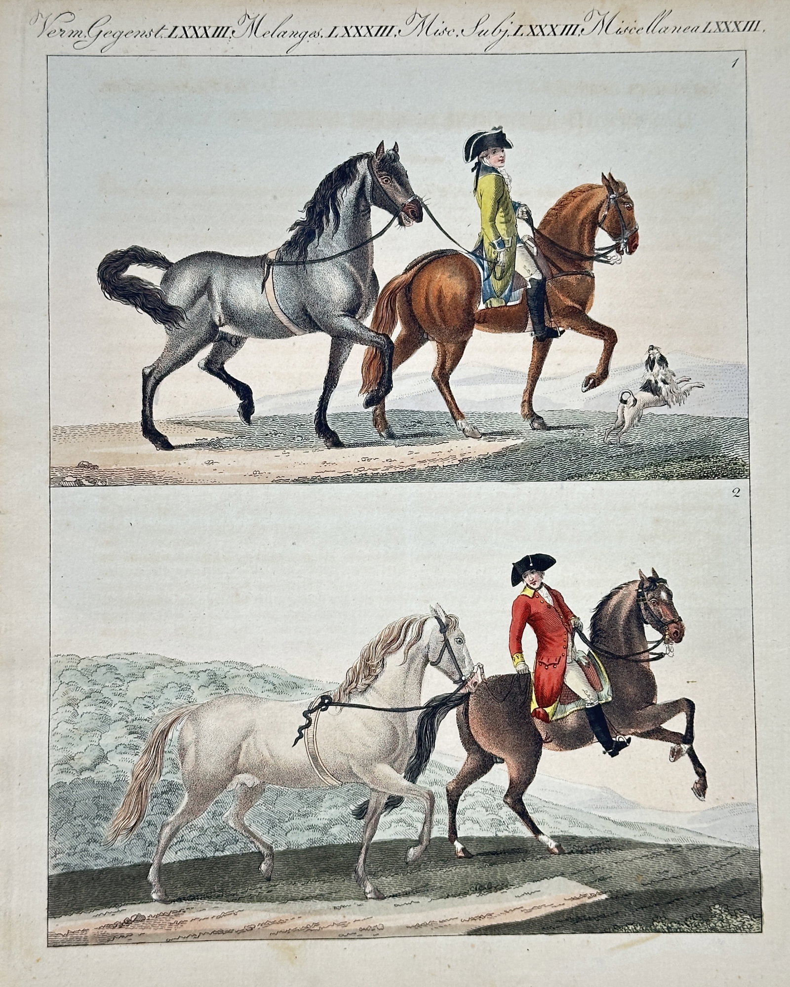 Friedrich Justin Bertuch – Equestrian Studies with Riders and Led Horses – Hand-colored: "Mélanges / Miscellanea" This natural history plate illustrates two distinct equestrian scenes featuring riders in period attire handling led horses across open landscapes. Published in Weimar as par