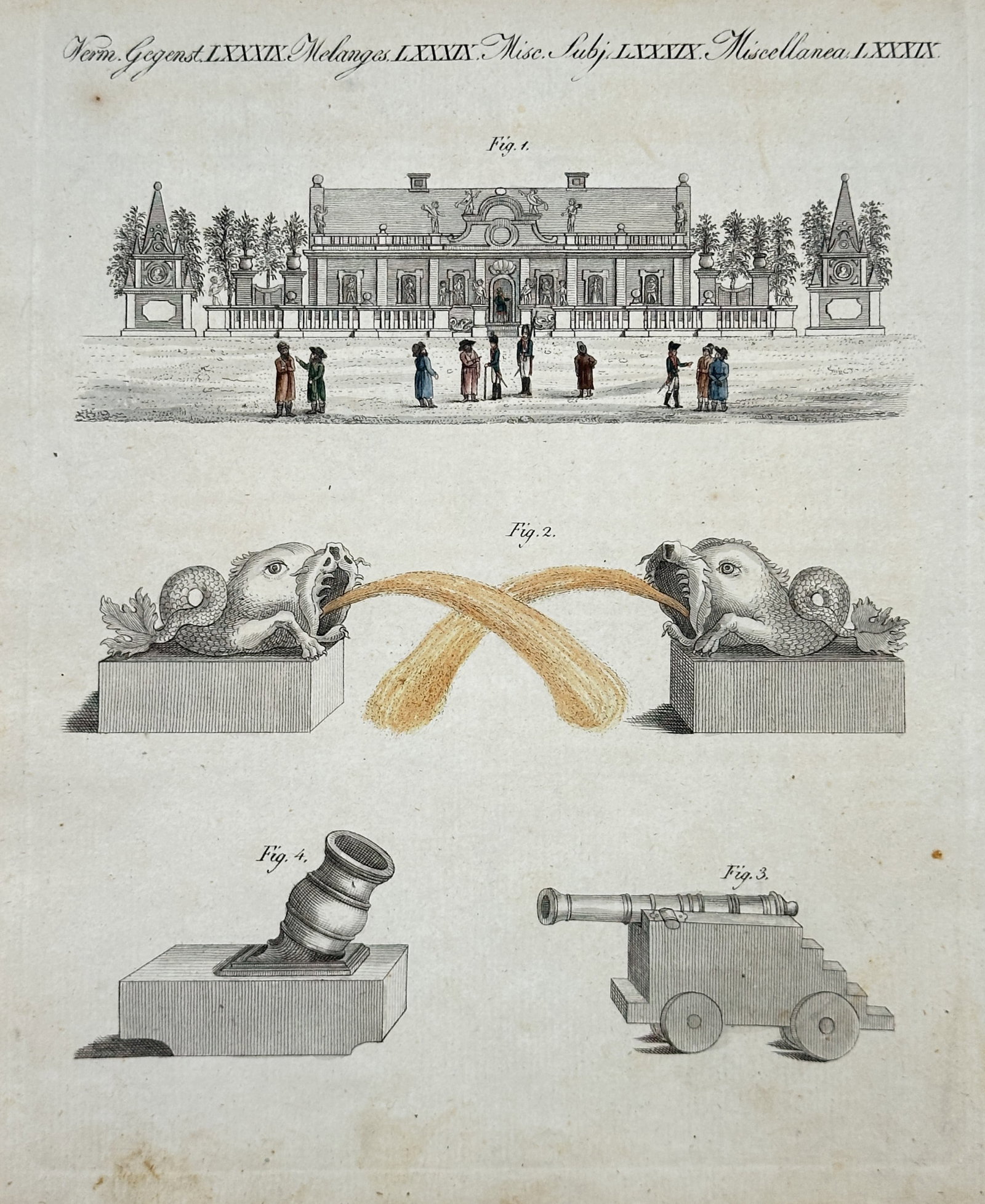 Friedrich Justin Bertuch – Architectural Structure, Decorative Fountains – Hand-colored: "Mélanges / Miscellanea" This natural history plate illustrates a palatial building with figures gathered before it, a pair of carved spouting sea creature fountain heads, and historical artillery pi