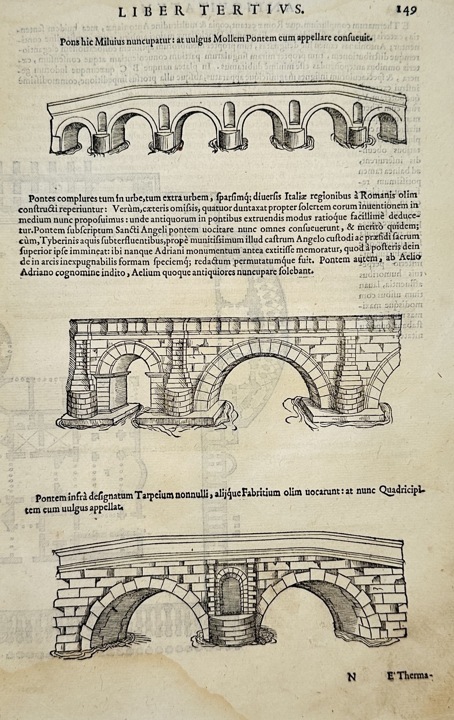 Sebastiano Serlio – Classical Roman Bridge Architecture – Woodcut (16th Century): "Liber Tertius" This architectural print illustrates stone arch bridge structures with masonry piers and vaulted spans. Published in Venice as part of Serlio's landmark treatise Tutte L'Opere d'Archit