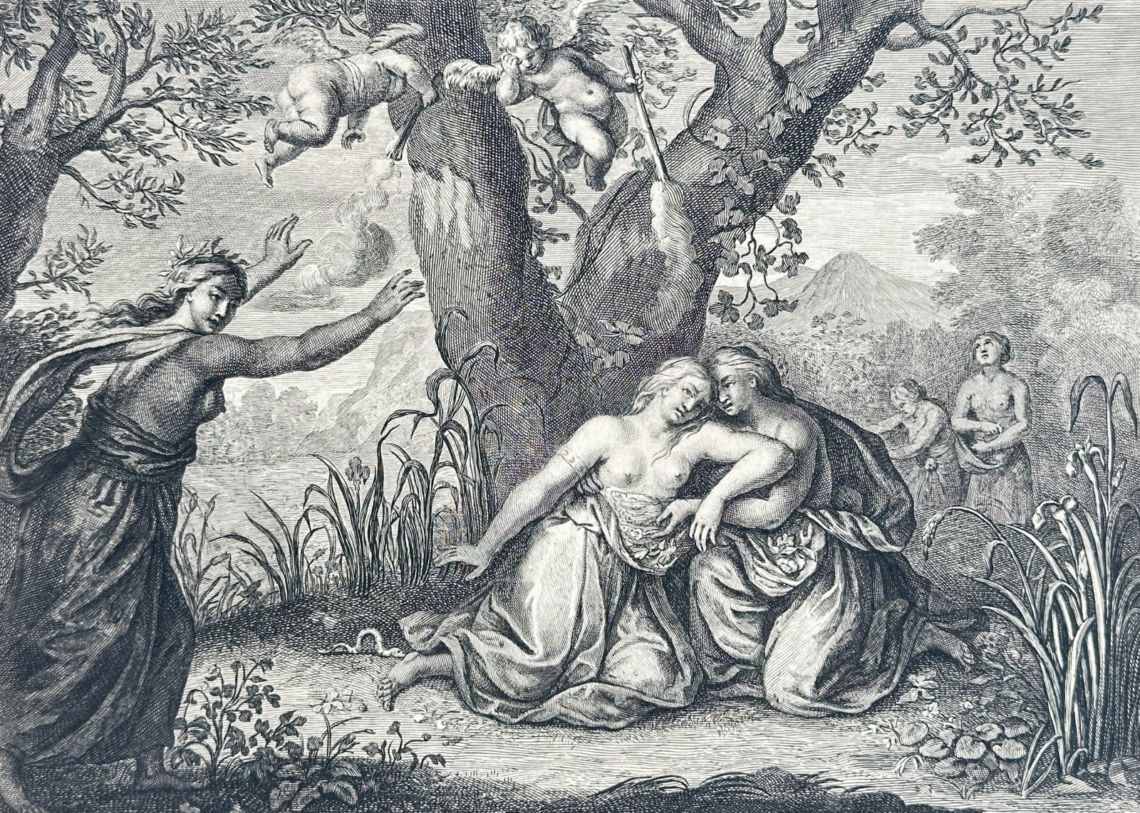 Martin Bouché – The Death of Eurydice – Engraving (17th Century): "The Death of Eurydice" This work displays classical figures weeping and mourning over a collapsed woman in a wooded landscape after she was bitten by a serpent. The composition serves as an illustrat