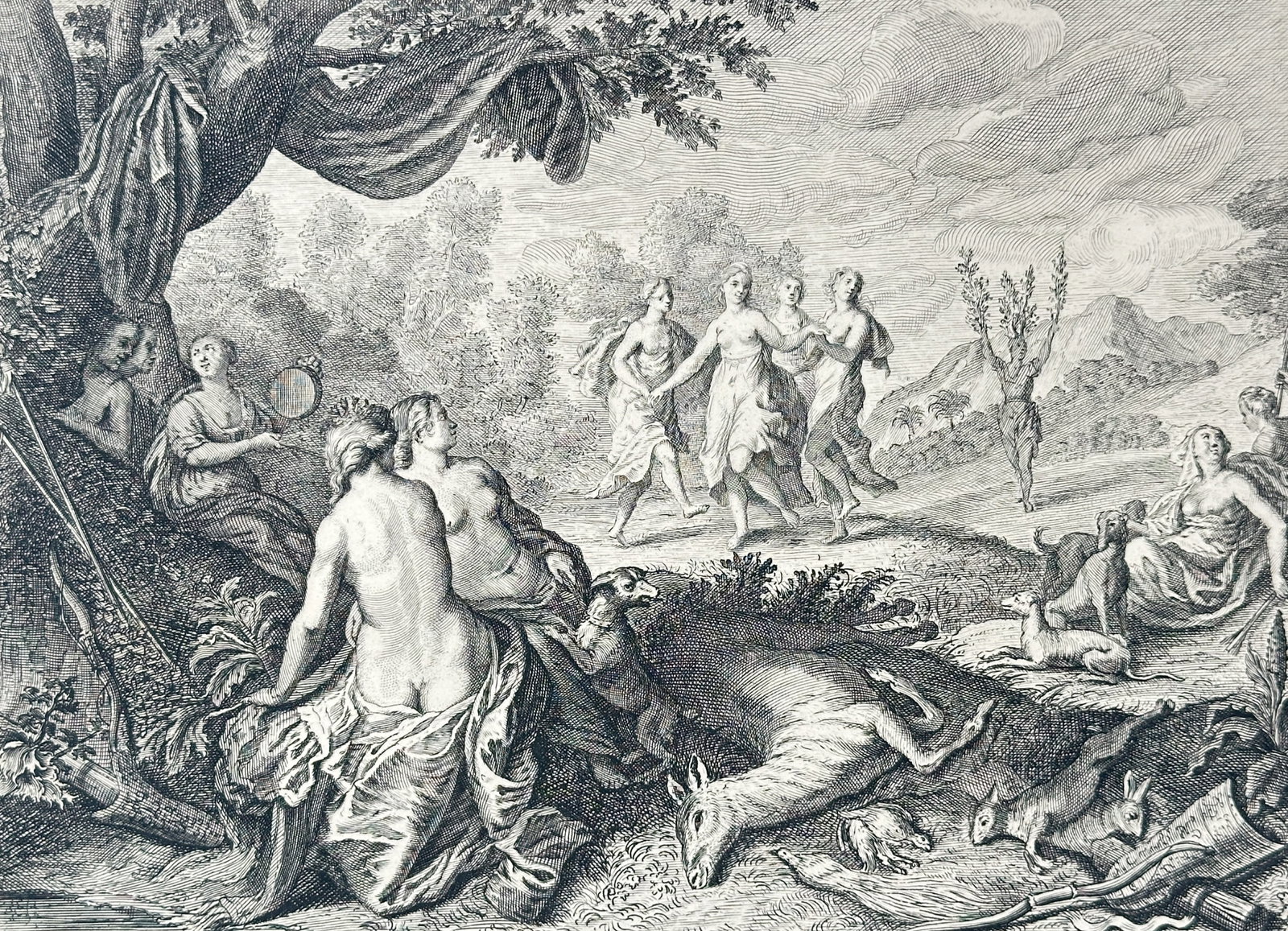 Martin Bouché – The Apulian Shepherd Changed into an Olive Tree – Engraving (17th Century): "The Apulian Shepherd Changed into an Olive Tree" This work displays a group of classical nymphs dancing and making music in a forest clearing while a shepherd undergoes a transformation into a tree i