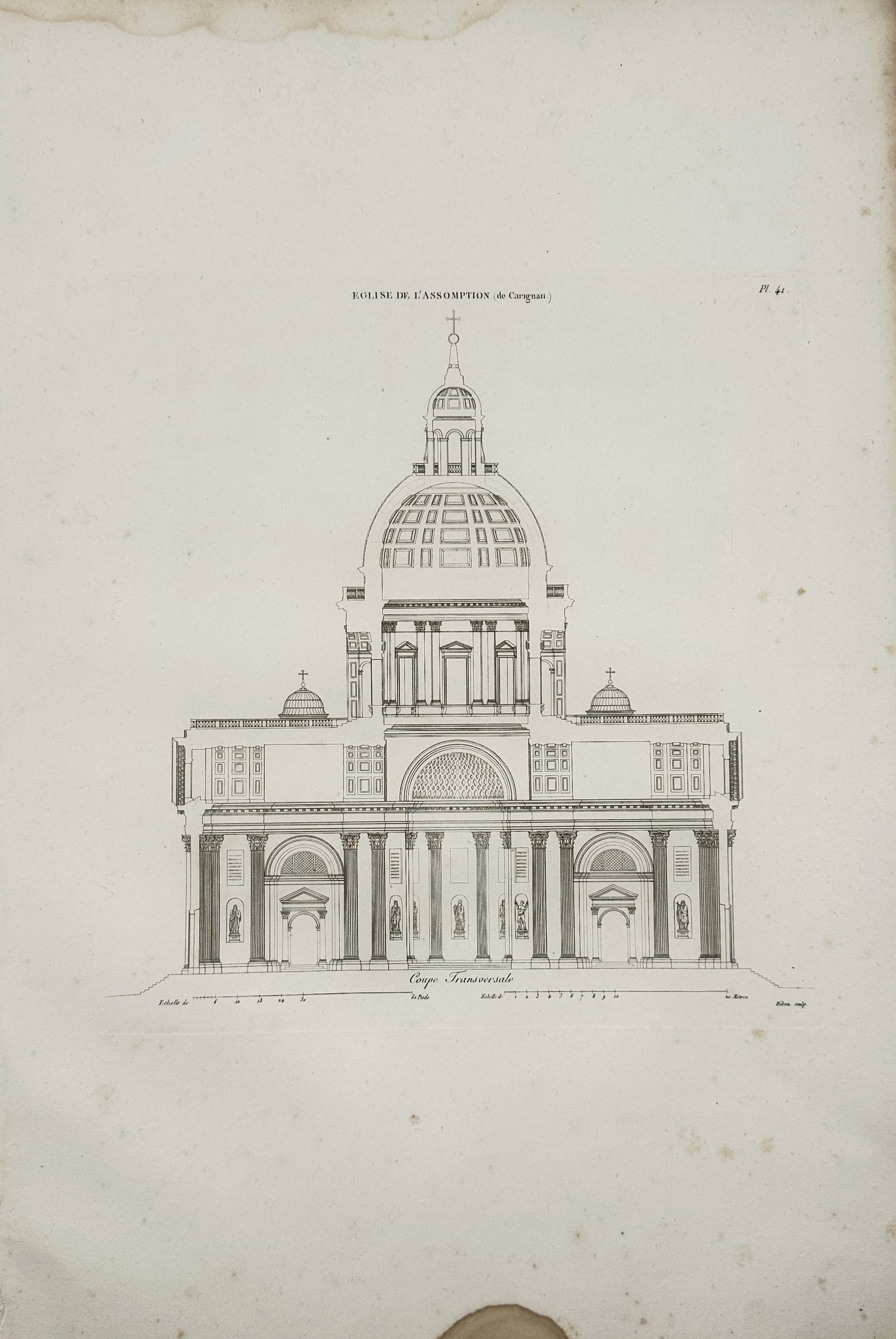 Jacques-Étienne Thierry – Church of the Assumption in Carignan, Transverse Section – Engraving: "Church of the Assumption in Carignan, Transverse Section" presents an architectural cross-section illustrating the classical proportions, monumental dome, and internal colonnades of the historic chur