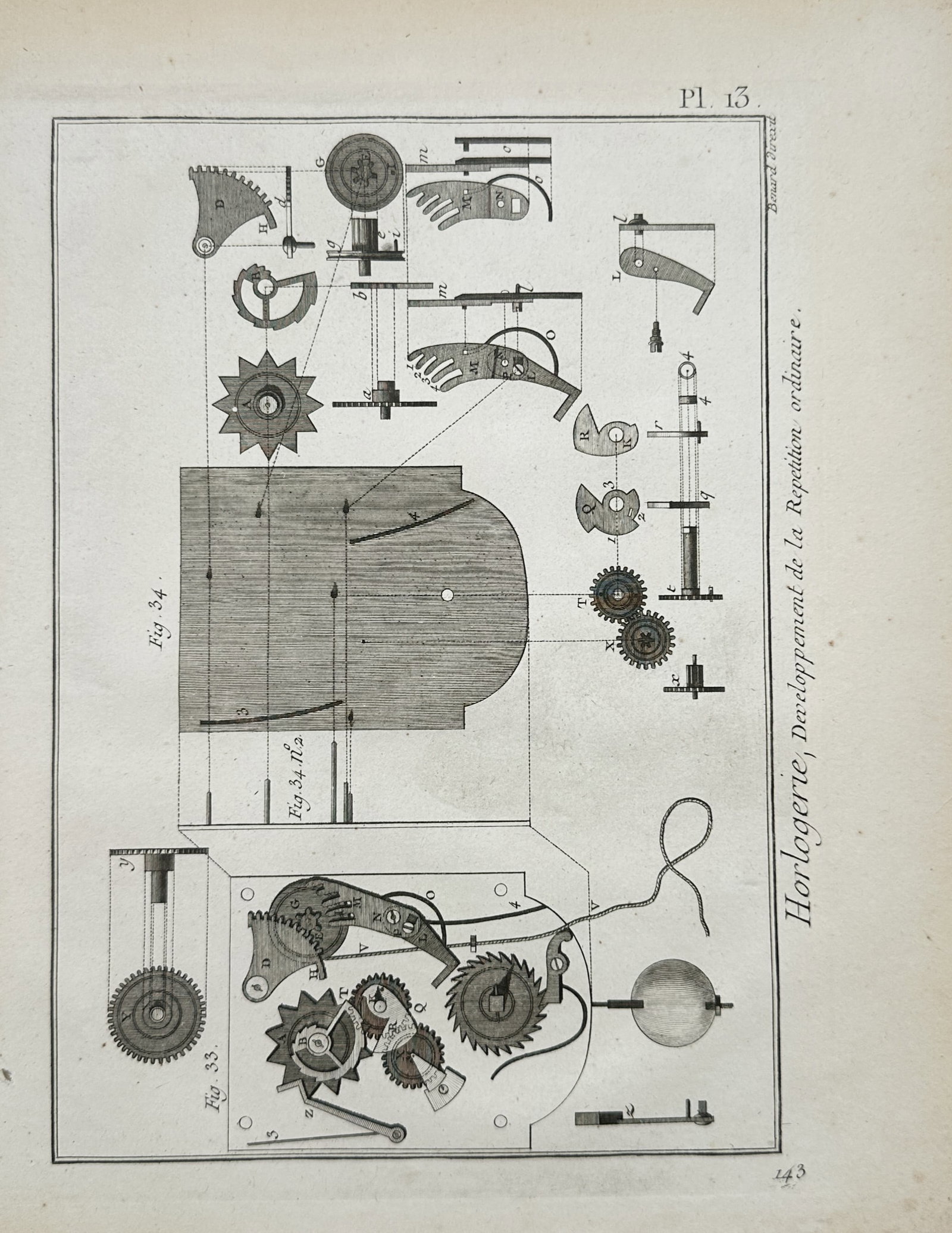Robert Bénard – Horological Study of Repeating Clockwork Mechanism – Engraving (18th Century): "Horology, Development of the Standard Repeating Mechanism" presents an eighteenth-century technical study illustrating the internal mechanical movement, gears, springs, and escapement components of a