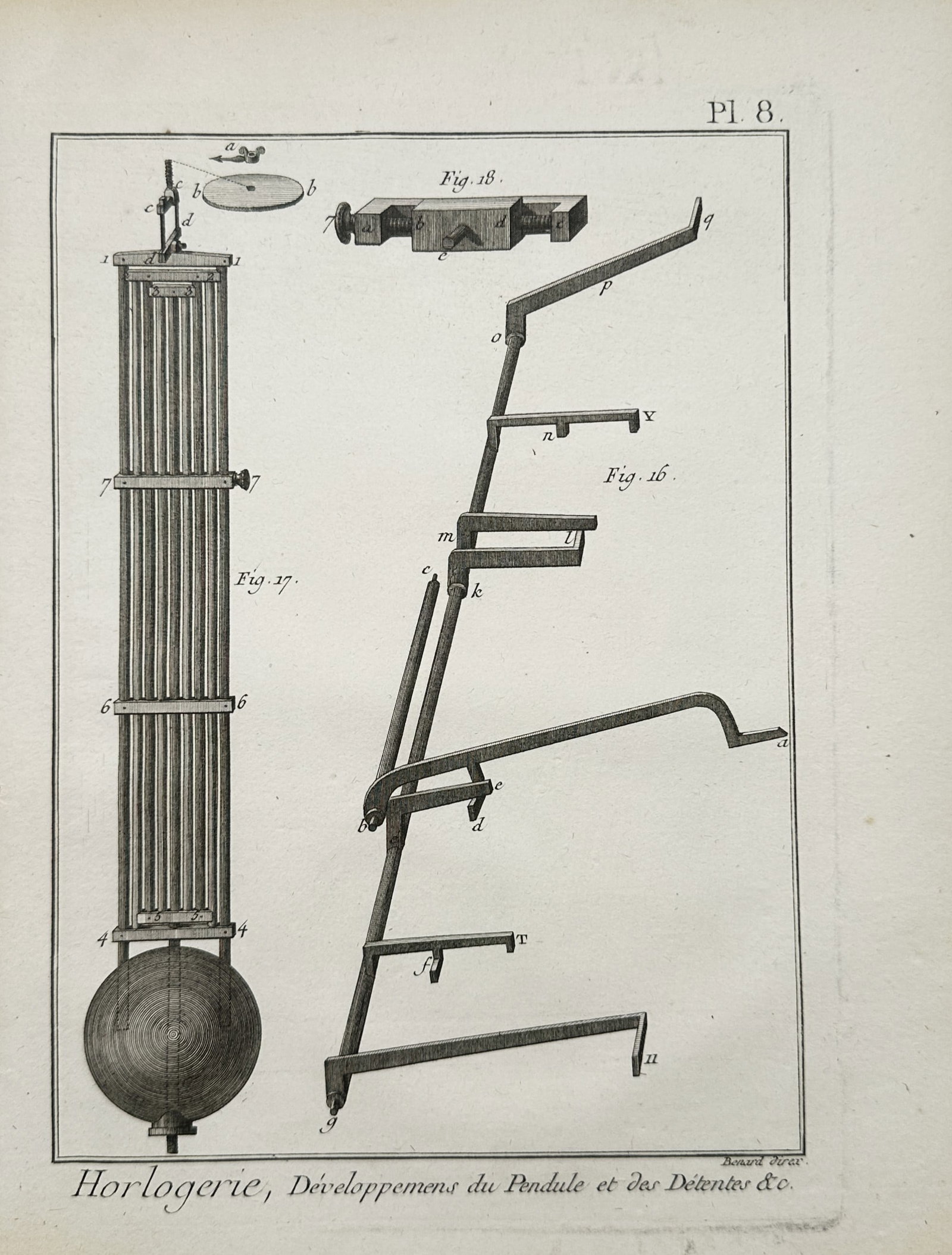 Robert Bénard – Horological Study of Clock Pendulum and Detent Mechanisms – Engraving: "Horology, Developments of the Pendulum and Detents" presents an eighteenth-century technical study illustrating the mechanical components, gridiron pendulum assembly, and detent levers used in precis