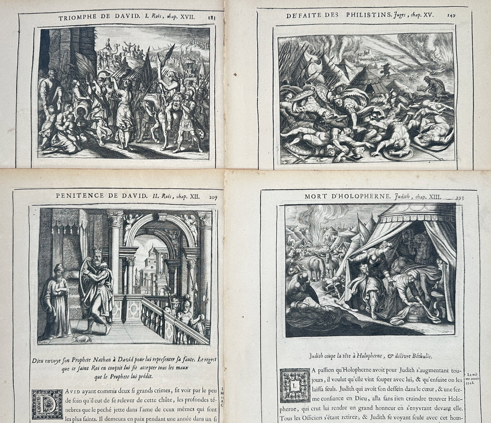 Nicolas Fontaine – Set of 4: Old Testament Biblical Narratives of David, the Philistines –: "Triumph of David, Defeat of the Philistines, Penance of David, and Death of Holofernes" presents a set of seventeenth-century biblical narrative scenes illustrating historic events from the Old Testa
