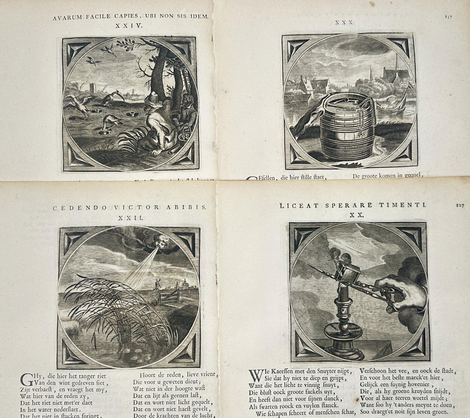 Jacob Cats – Set of 4: Dutch Golden Age Moral Emblem Studies – Engravings (17th Century): "Moral Emblems on Prudence, Yielding to Fate, Restraint, and Caution" presents a set of seventeenth-century Dutch emblematic studies illustrating allegorical scenes of duck hunting, a floating wooden 