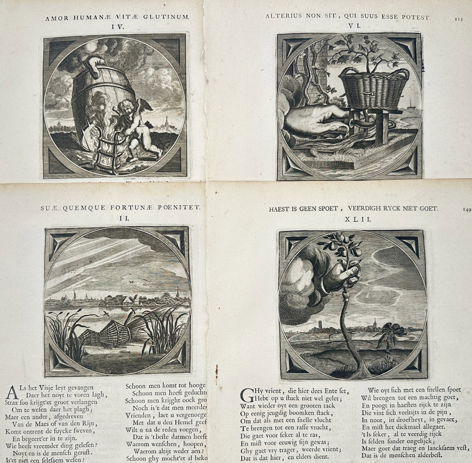 Jacob Cats – Set of 4: Dutch Golden Age Emblematic Studies on Love, Independence – Engravings: "Love as the Glue of Life, Self-Reliance, Discontent with Fortune, and Haste Without Speed" presents a set of seventeenth-century Dutch emblematic studies illustrating allegorical scenes of Cupid repa