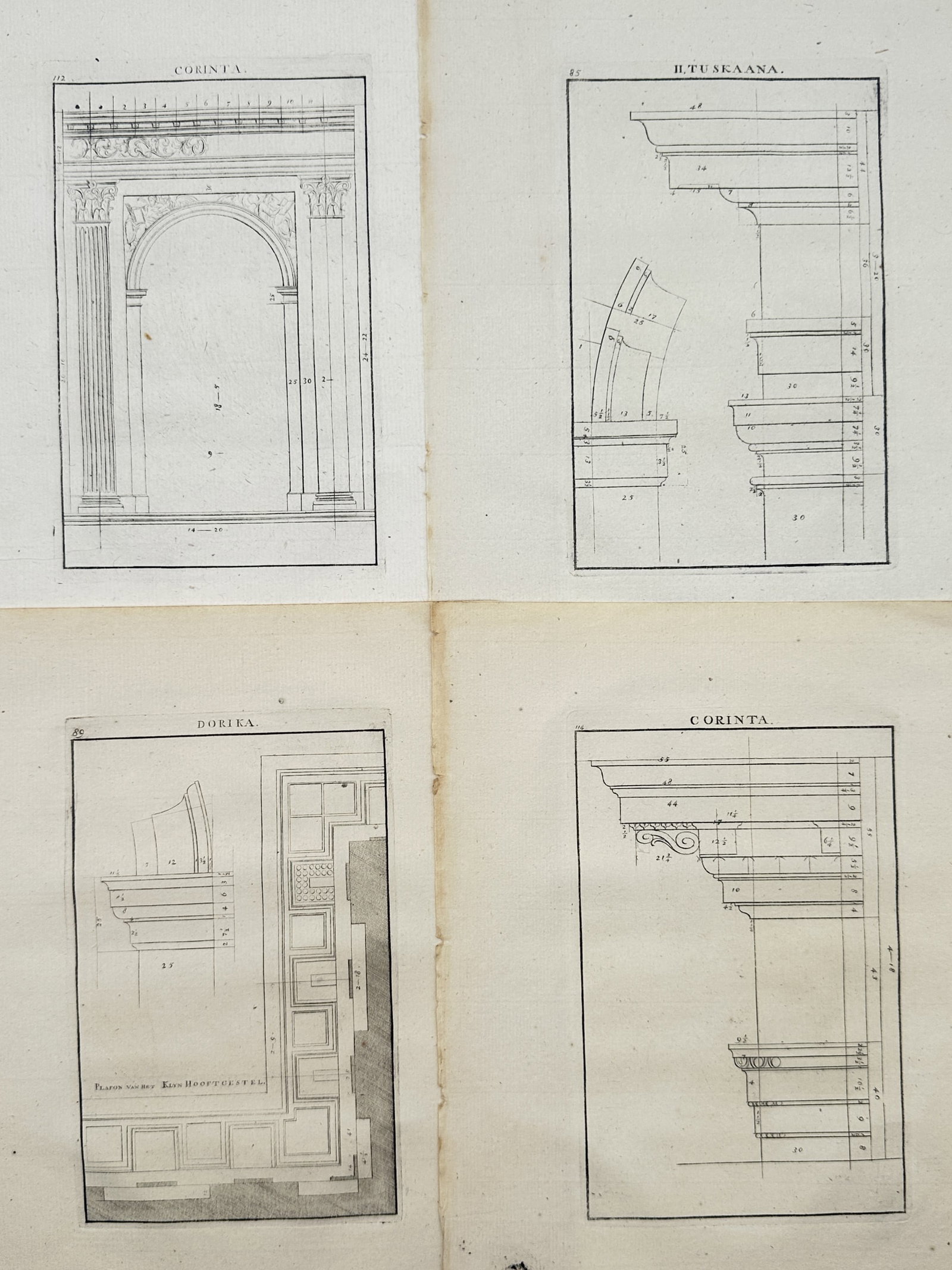François Blondel – Set of 4: Architectural Studies of Arcades, Cornices – Engravings (18th (1 of 2)