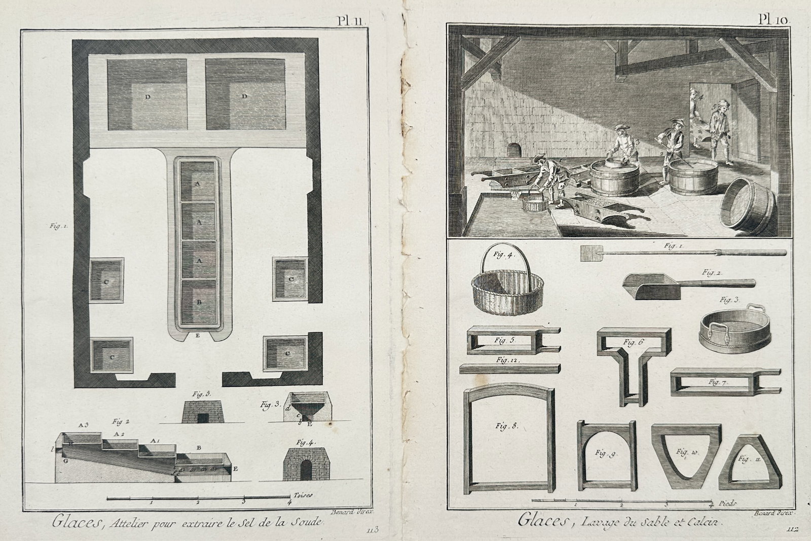 Robert Bénard – Set of 2: Technical Studies of Soda Extraction and Sand Washing – Engravings: "Mirror Glass, Soda Salt Extraction Workshop and Washing of Sand and Cullet" presents a set of eighteenth-century technical studies illustrating industrial architecture, artisan workshop labor, specia