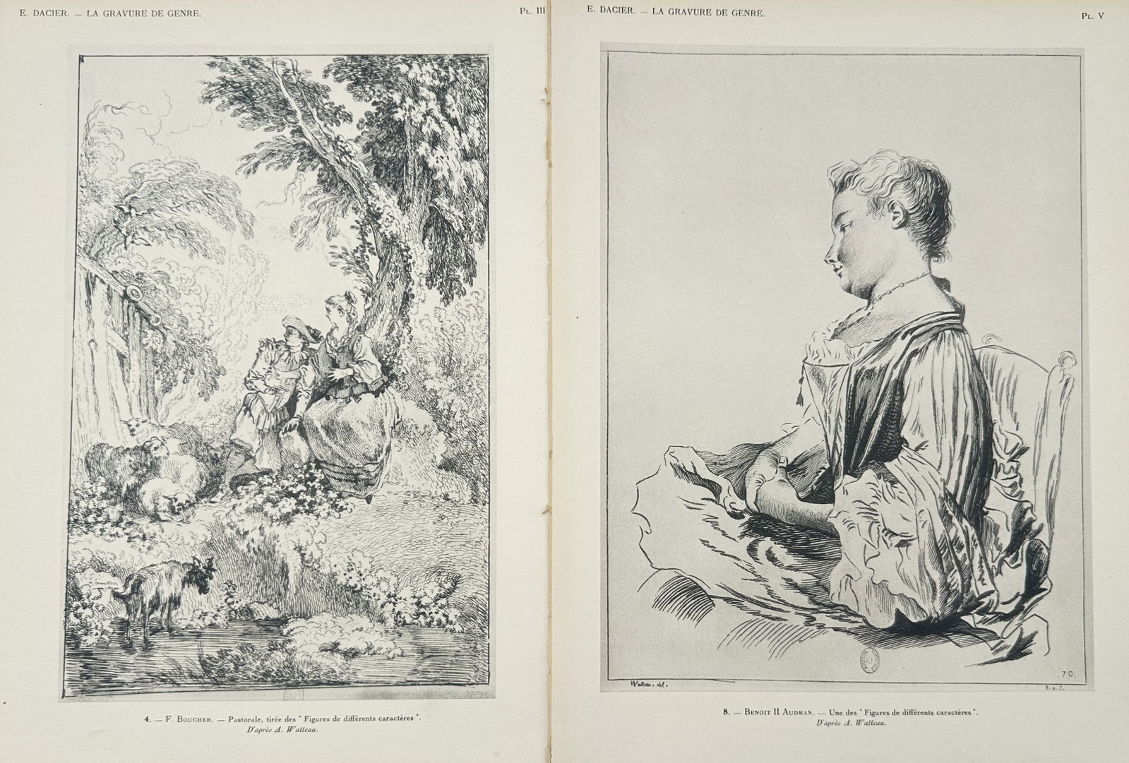Émile Dacier, after – Set of 2: Genre Studies of Pastoral Romance – Offset lithographs (1925): "Genre Engraving: Pastoral and Figure of Different Characters" presents a set of early twentieth-century art historical plates reproducing eighteenth-century French Rococo prints after Antoine Watteau