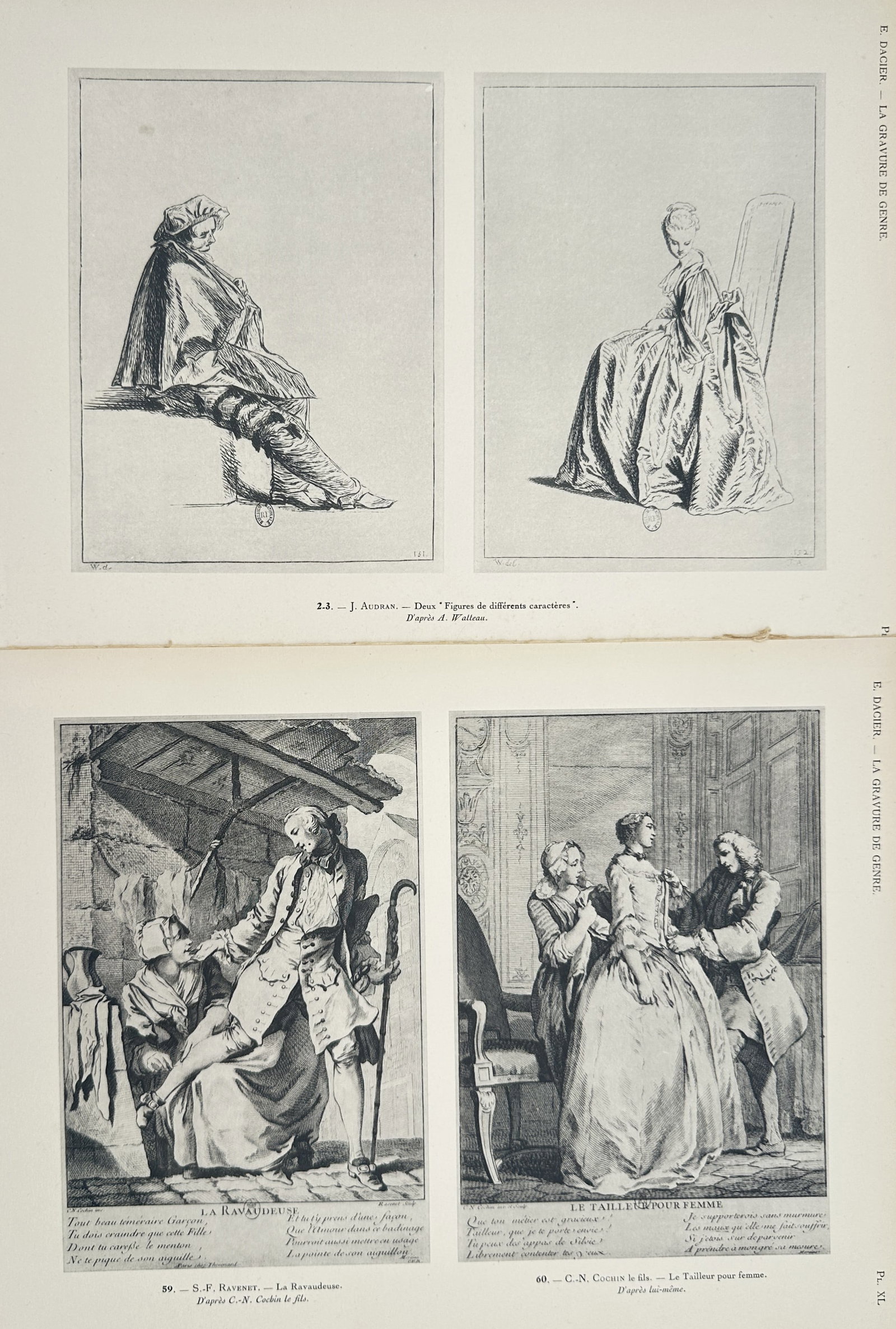 Émile Dacier, after – Set of 2: Genre Studies of Figures of Different Characters – Offset: "Genre Engraving: Figures of Different Characters, The Mender, and The Tailor for Women" presents a set of early twentieth-century art historical plates reproducing eighteenth-century French Rococo pr