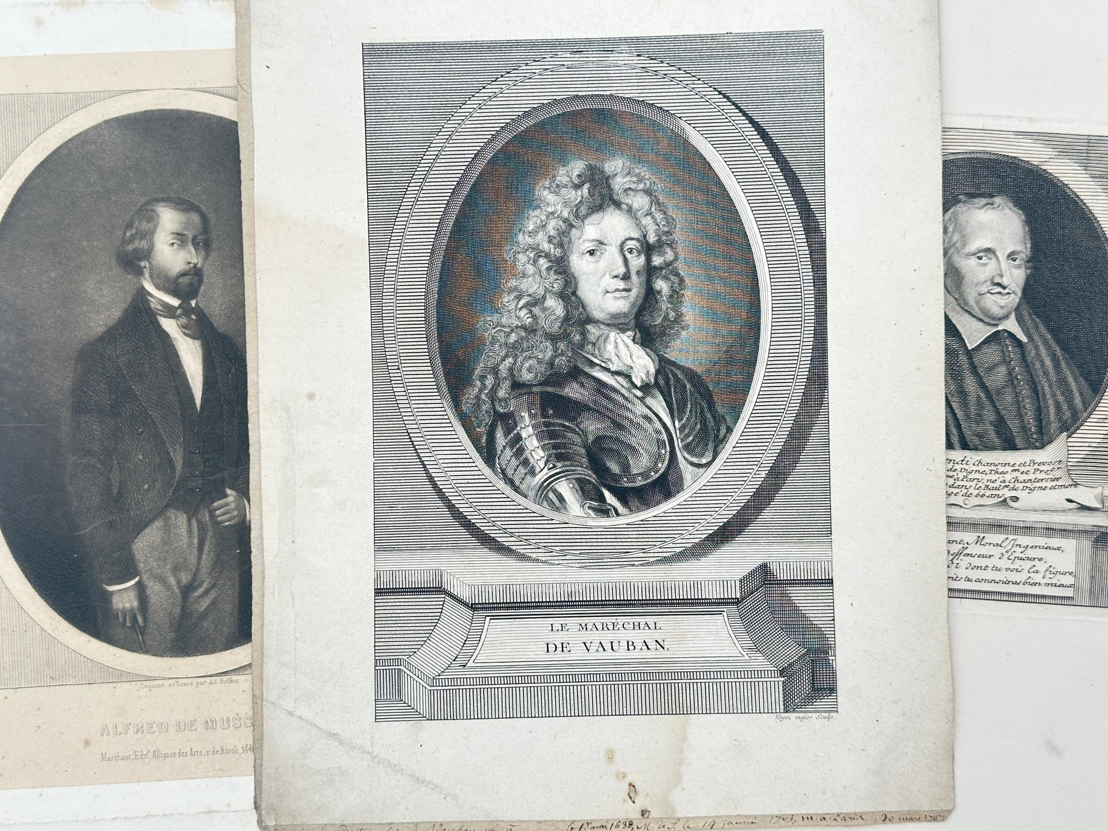 Unknown Artist – Set of 3: Portraits of Alfred de Musset, Marshal Vauban – Engravings (18th (1 of 2)