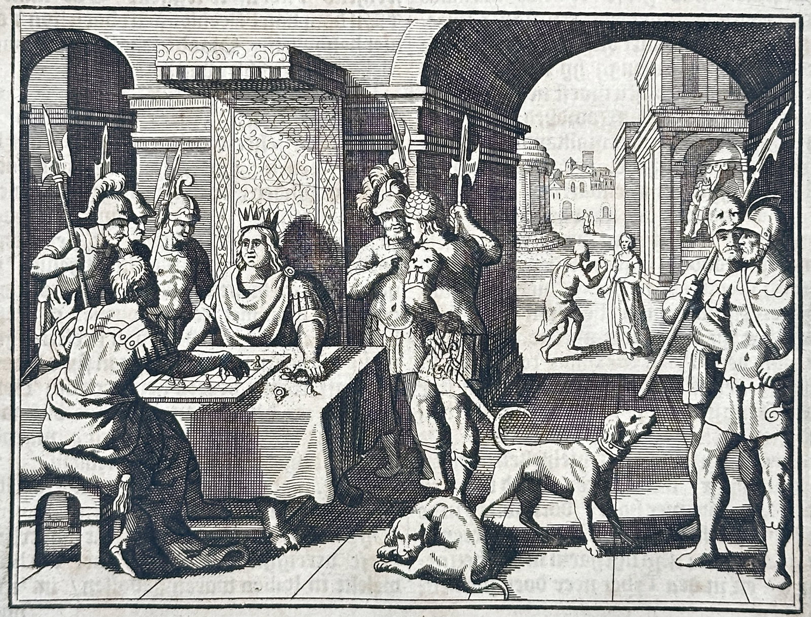 Johann Lodewijk Gottfried – Attila the Hun Playing a Board Game – Engraving (17th Century) (1 of 3)