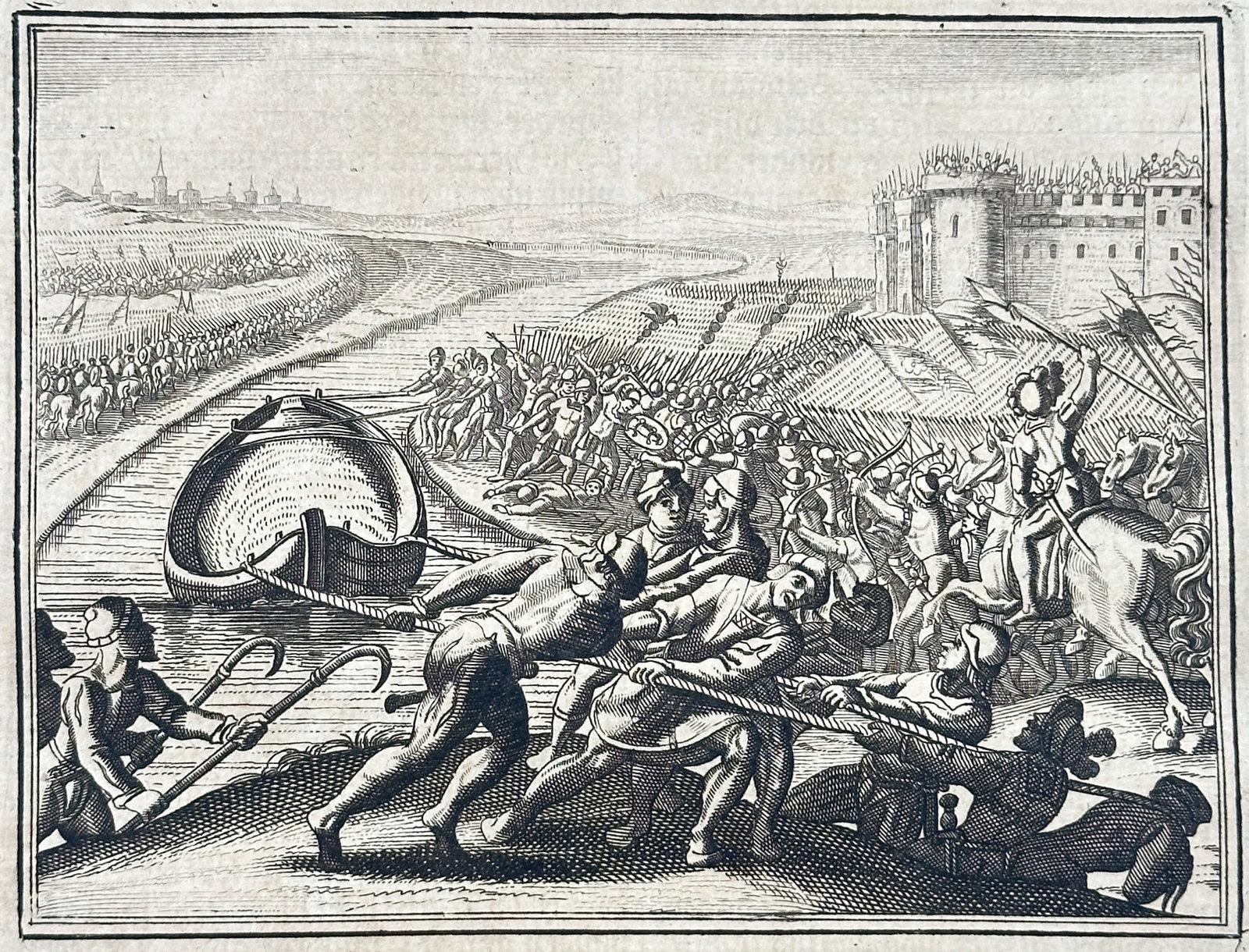 Johann Lodewijk Gottfried – The Battle for the Grain Ship on the Rhine – Engraving (17th: "The Battle for the Grain Ship on the Rhine" depicts soldiers hauling a stranded transport boat to the riverbank while opposing military forces and cavalry clash near an expansive fortified encampment