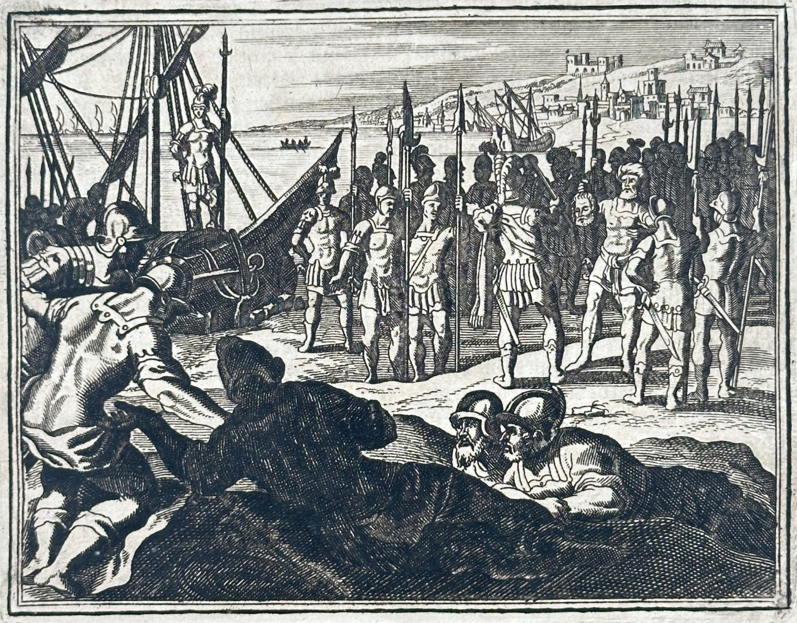Johann Lodewijk Gottfried – The Presentation of the Head of Pompey to Caesar – Engraving: "The Presentation of the Head of Pompey to Caesar" depicts the Roman general receiving the severed head and signet ring of Pompey upon arriving at the shores of Alexandria with his naval fleet and arm