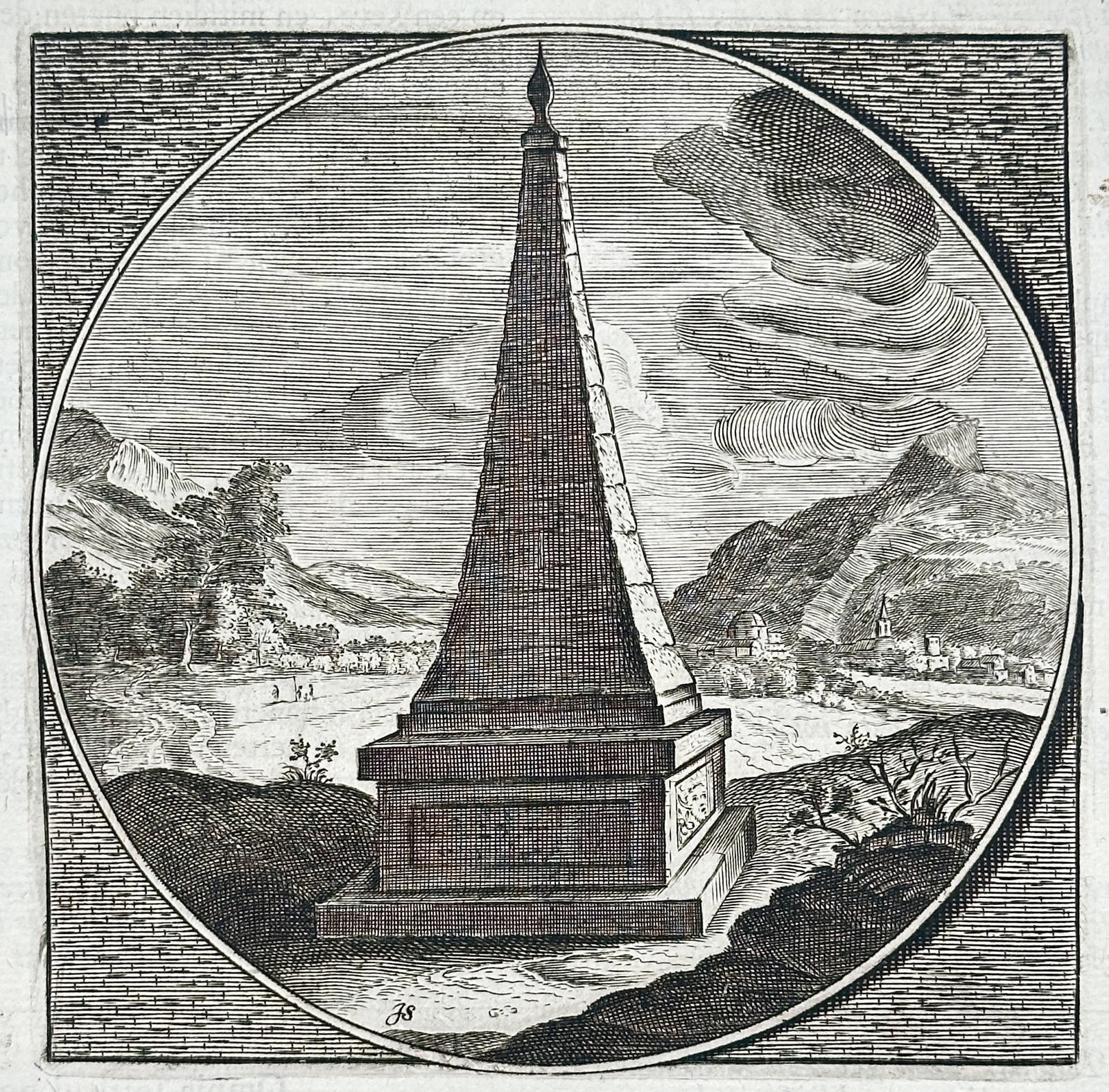 Jacob Cats – Nothing in the Interior – Engraving (17th Century): "Nothing in the Interior" depicts a towering stone obelisk monument set upon a raised pedestal against a panoramic landscape of rolling hills, waterways, and distant architecture. The didactic emblem 