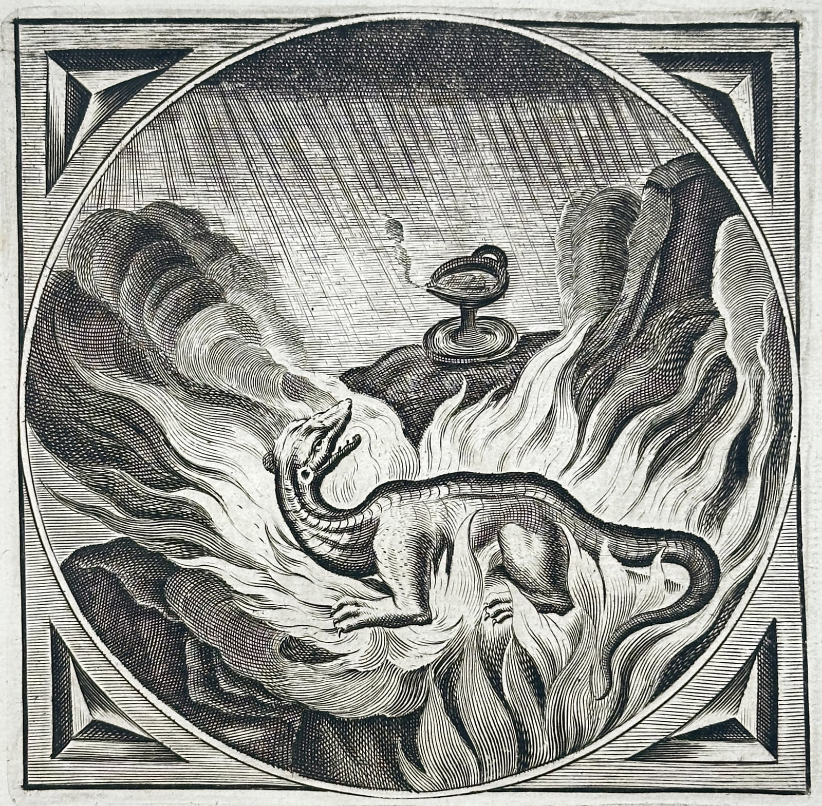 Jacob Cats – Whoever Envies Rejoices in Distress – Engraving (17th Century): "Whoever Envies Rejoices in Distress" depicts a mythical salamander thriving amidst roaring flames beneath an oil lamp set on rugged terrain. This moral emblem serves as an allegory for the envious na