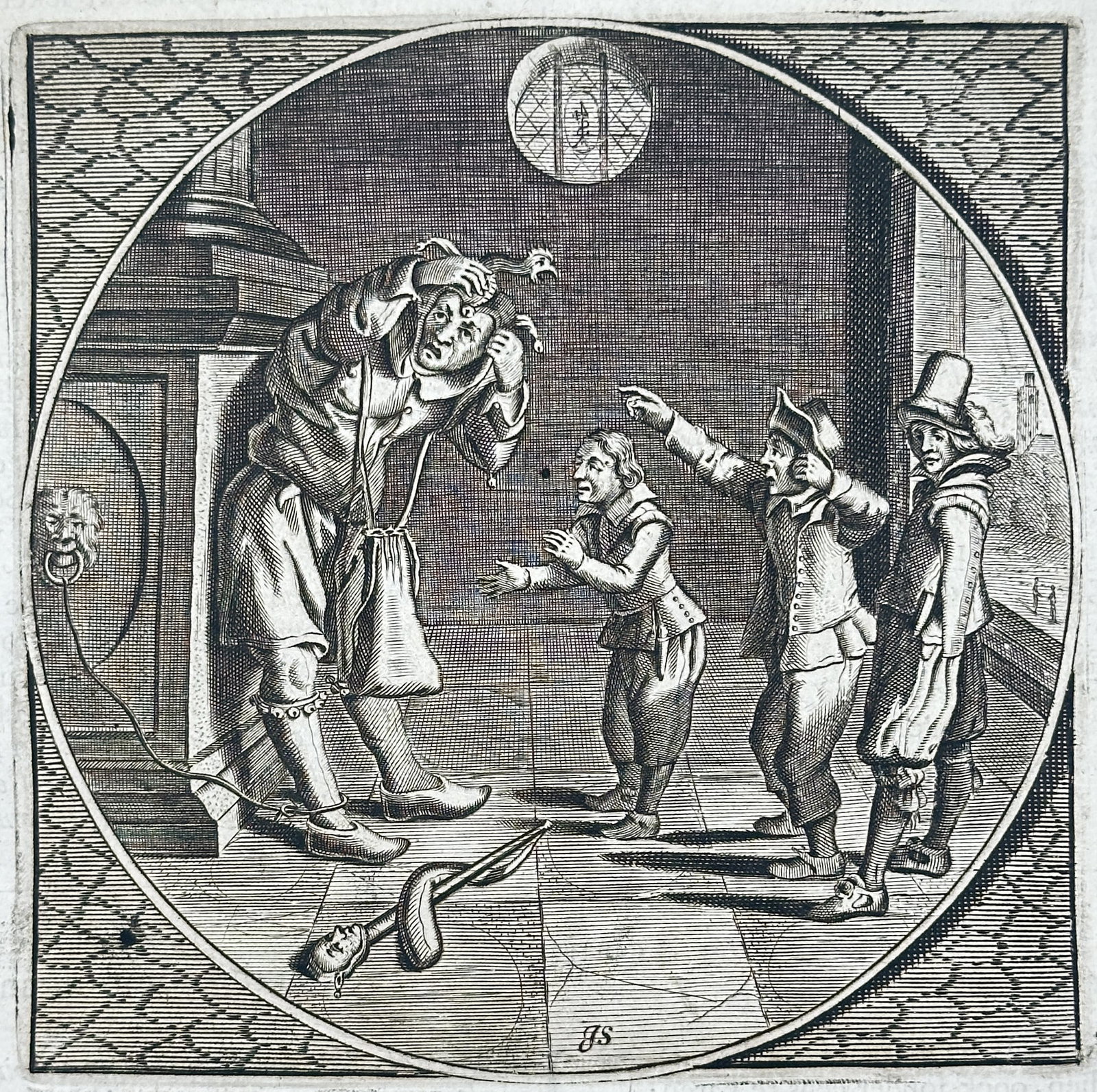 Jacob Cats – Act Wisely and You Shall Be Free – Engraving (17th Century): "Act Wisely and You Shall Be Free" depicts a distressed jester believing himself firmly bound to a pillar by a mere piece of straw while onlookers mock his self-imposed captivity. This moral emblem al