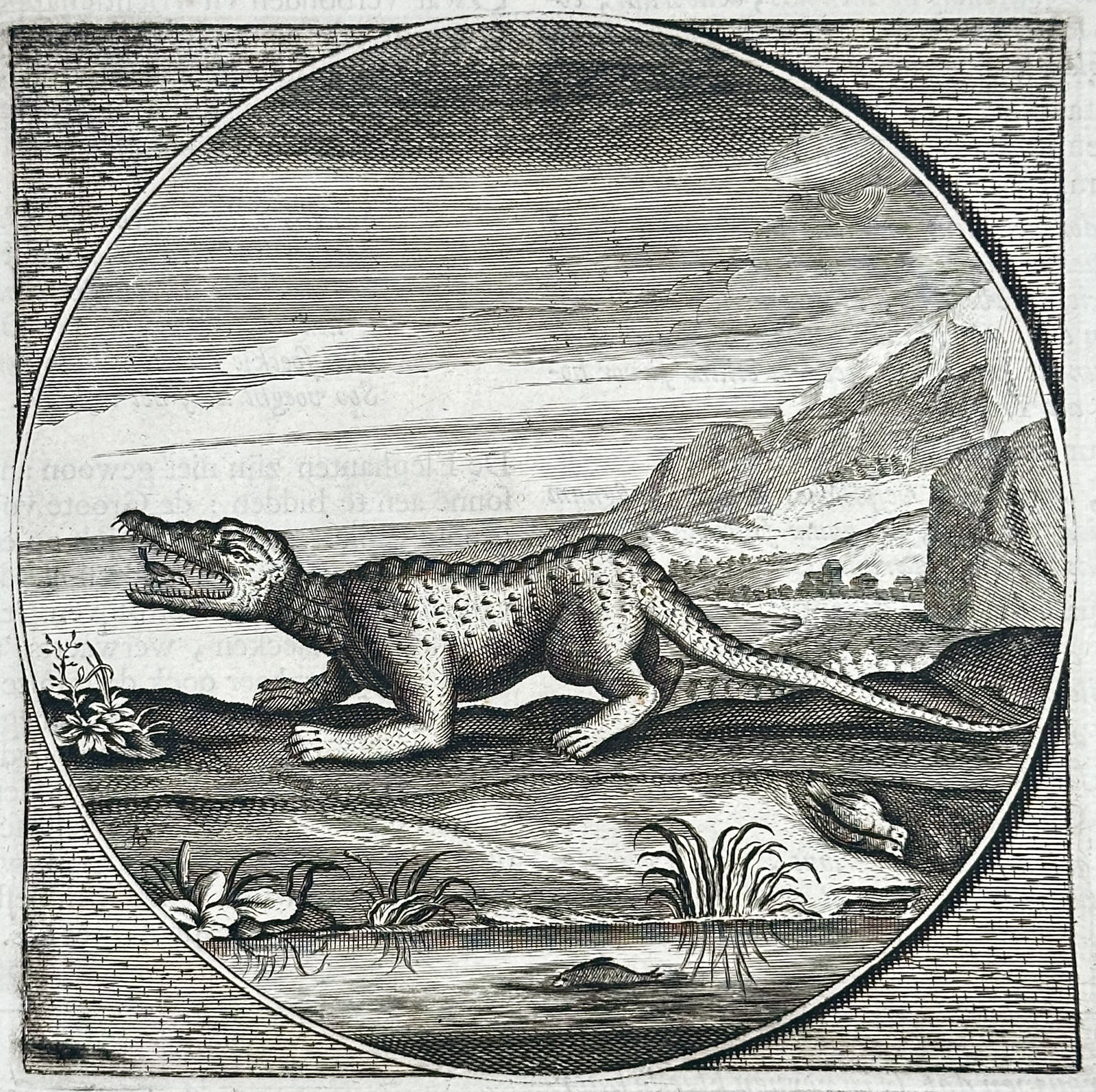 Jacob Cats – Good to Whom If Bad to Oneself – Engraving (17th Century): "Good to Whom If Bad to Oneself" depicts a crocodile resting with an open mouth along a riverbank near a small plover bird against an expansive landscape. The moral emblem draws on classical lore to a
