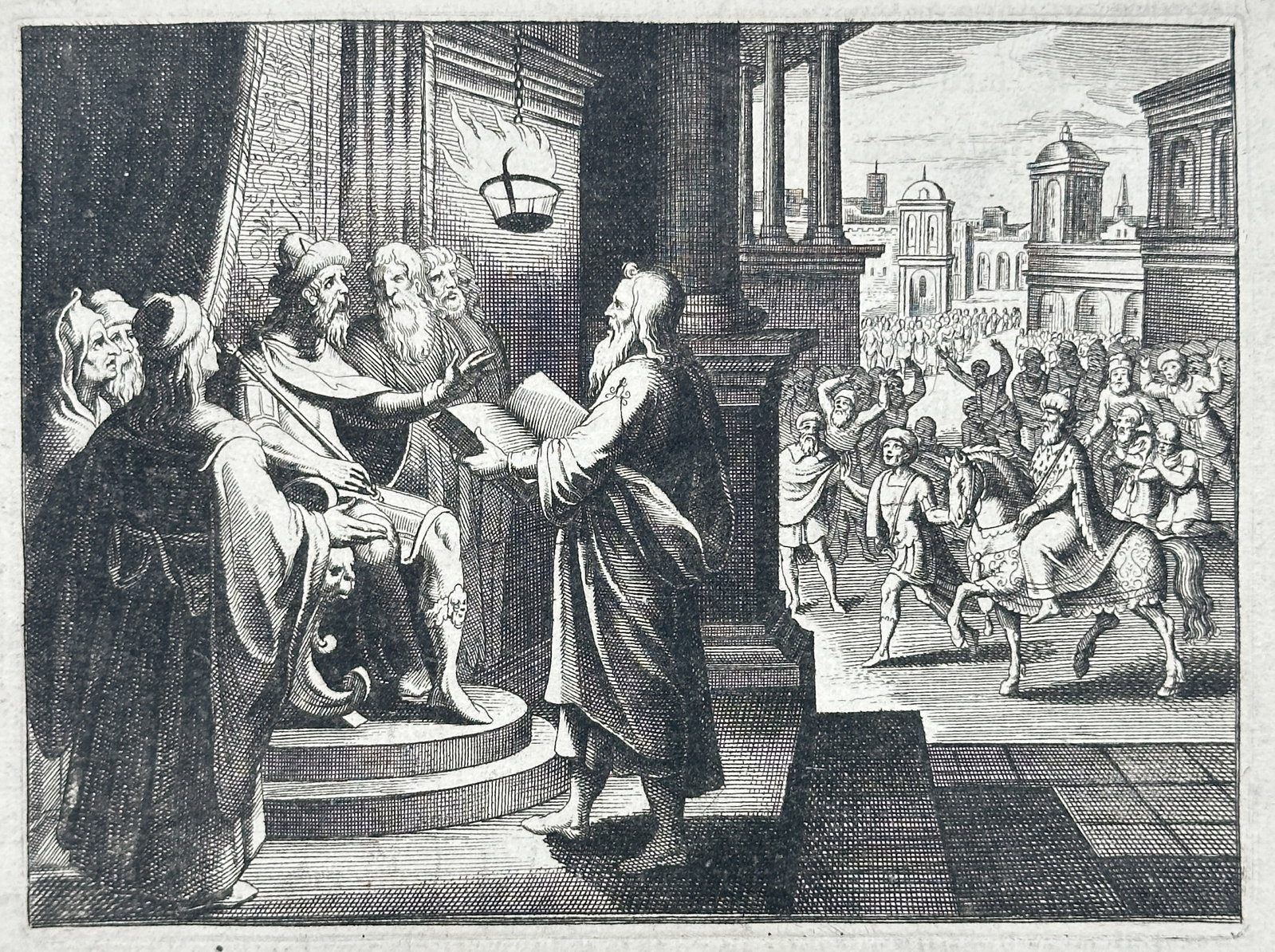 Nicolas Fontaine – Triumph of Mordecai – Engraving (17th Century): "Triumph of Mordecai" depicts King Ahasuerus listening to royal chronicles read before his throne while the subsequent public honoring of Mordecai on horseback unfolds in the distant streets of Susa. 
