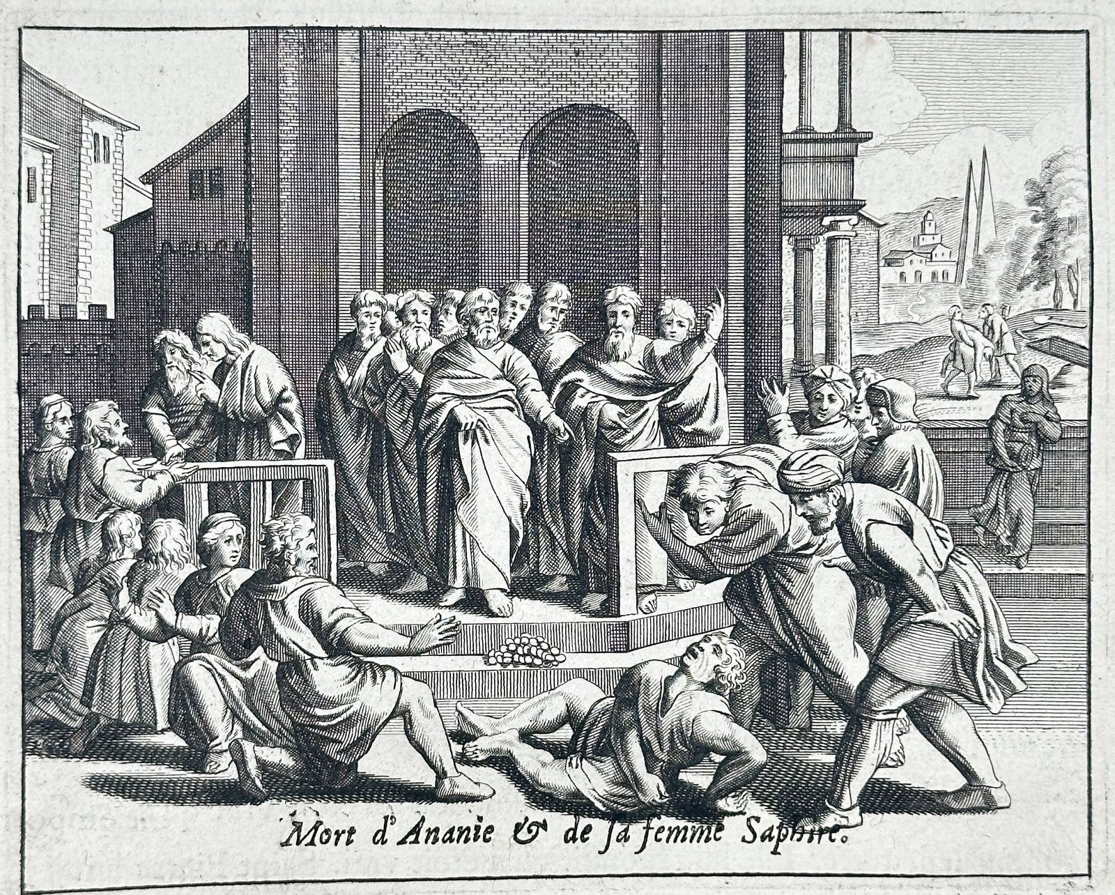 Nicolas Fontaine – The Death of Ananias and Sapphira – Engraving (17th Century): "The Death of Ananias and Sapphira" depicts the dramatic sudden collapse of Ananias before Saint Peter and the gathered apostles after withholding proceeds from the community. Surrounding onlookers an